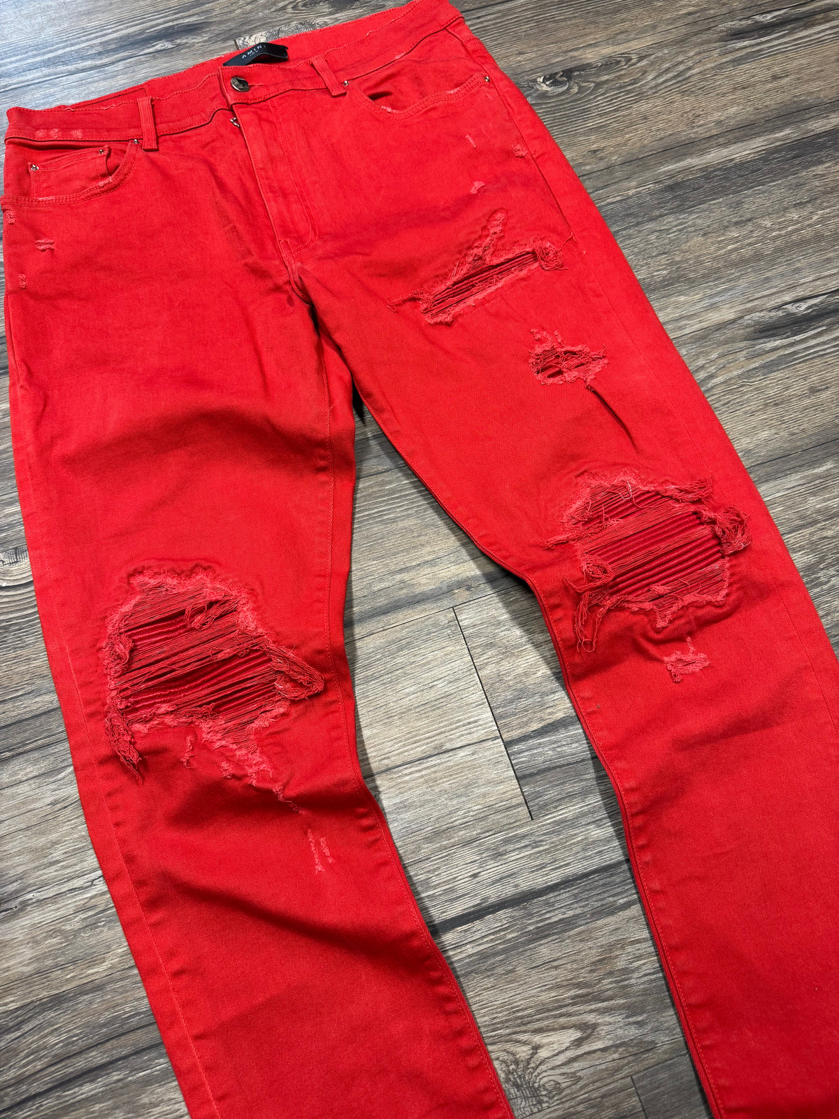 AMIRI MX1 RED DISTRESSED JEANS (34)
