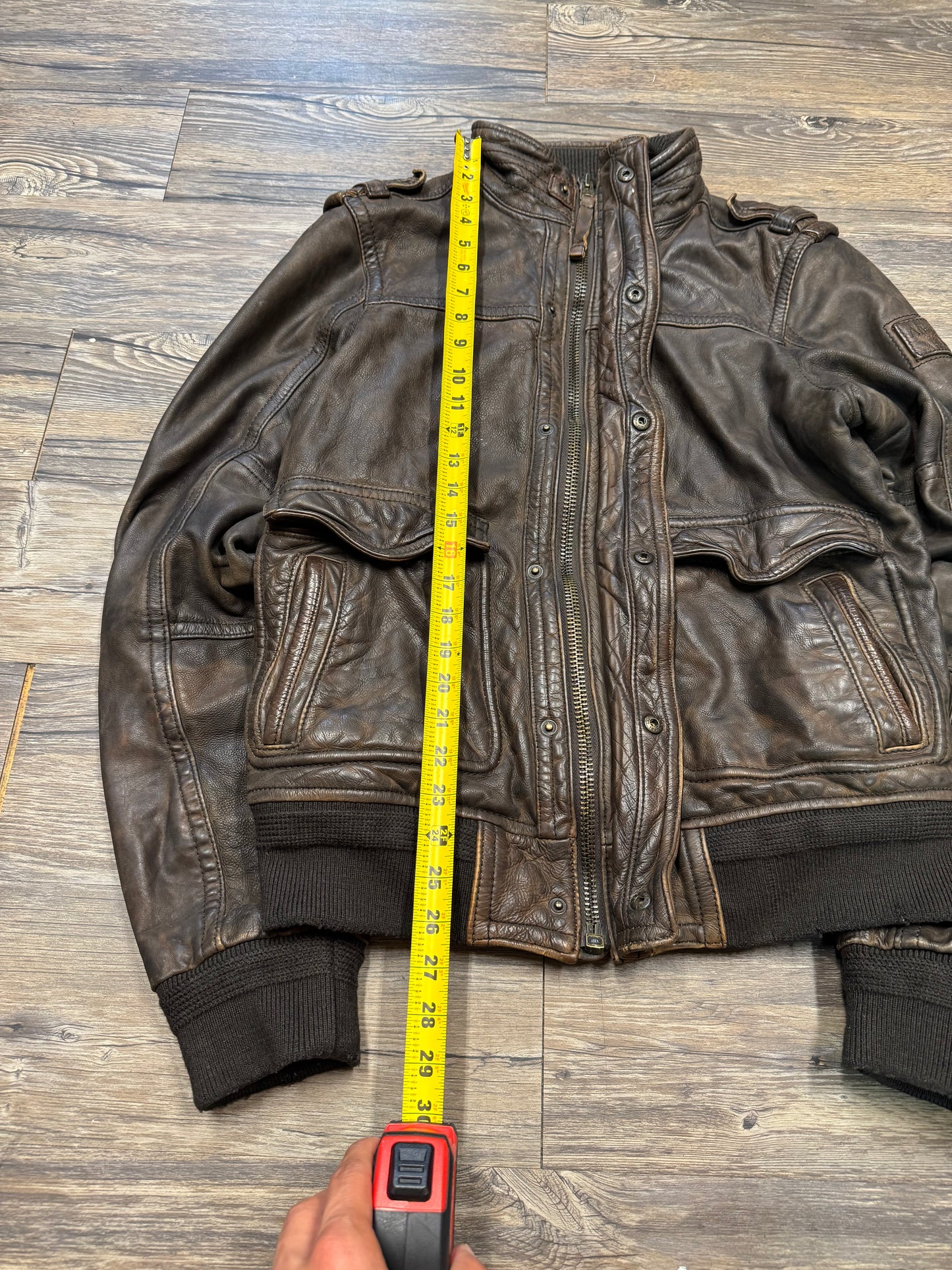 ABERCROMBIE & FITCH 80s SLANT ROCK PLAID LINED FLIGHT LEATHER JACKET (L)