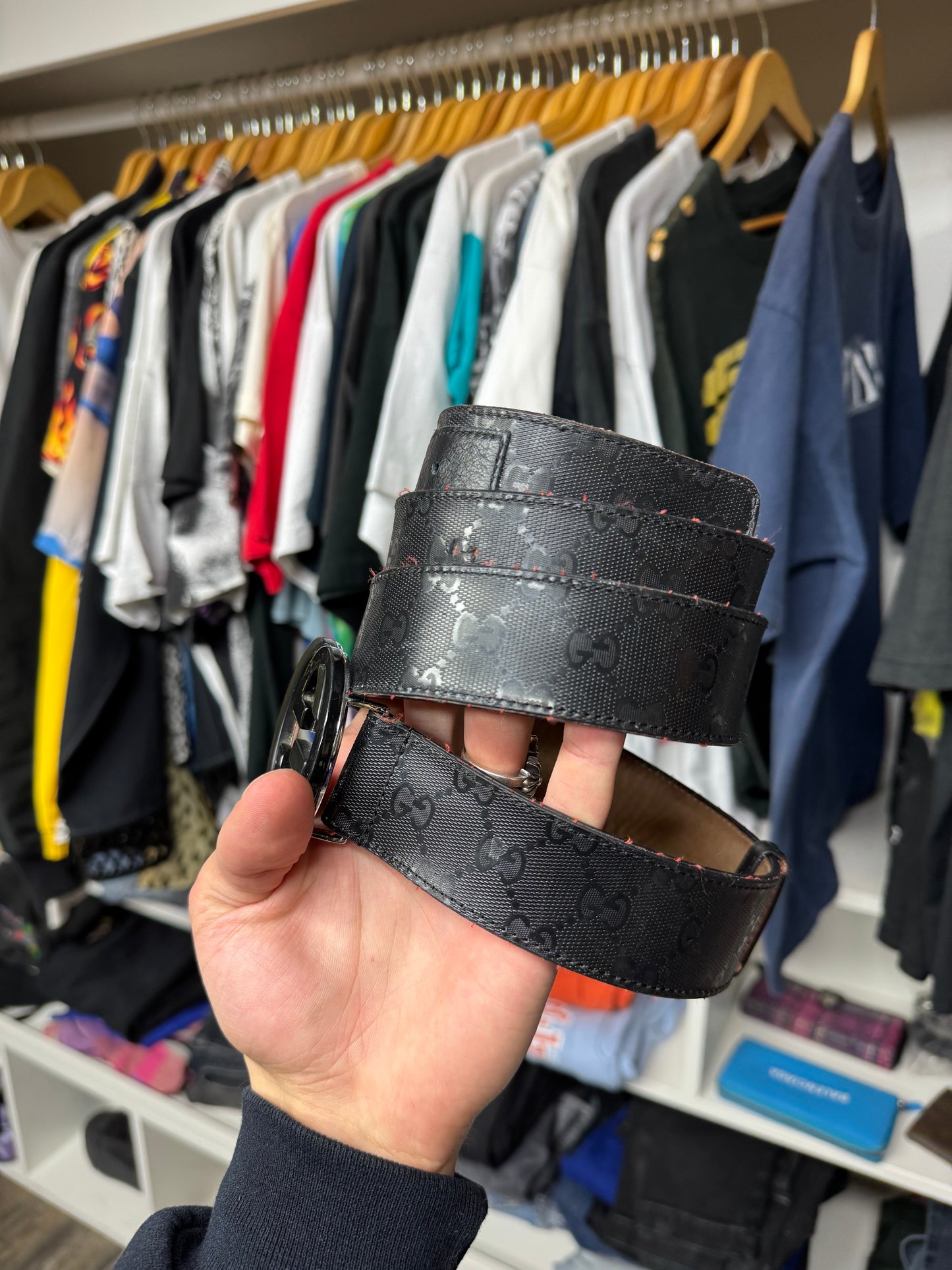 GUCCI MONOGRAM BLACK BELT WITH DOUBLE G BUCKLE