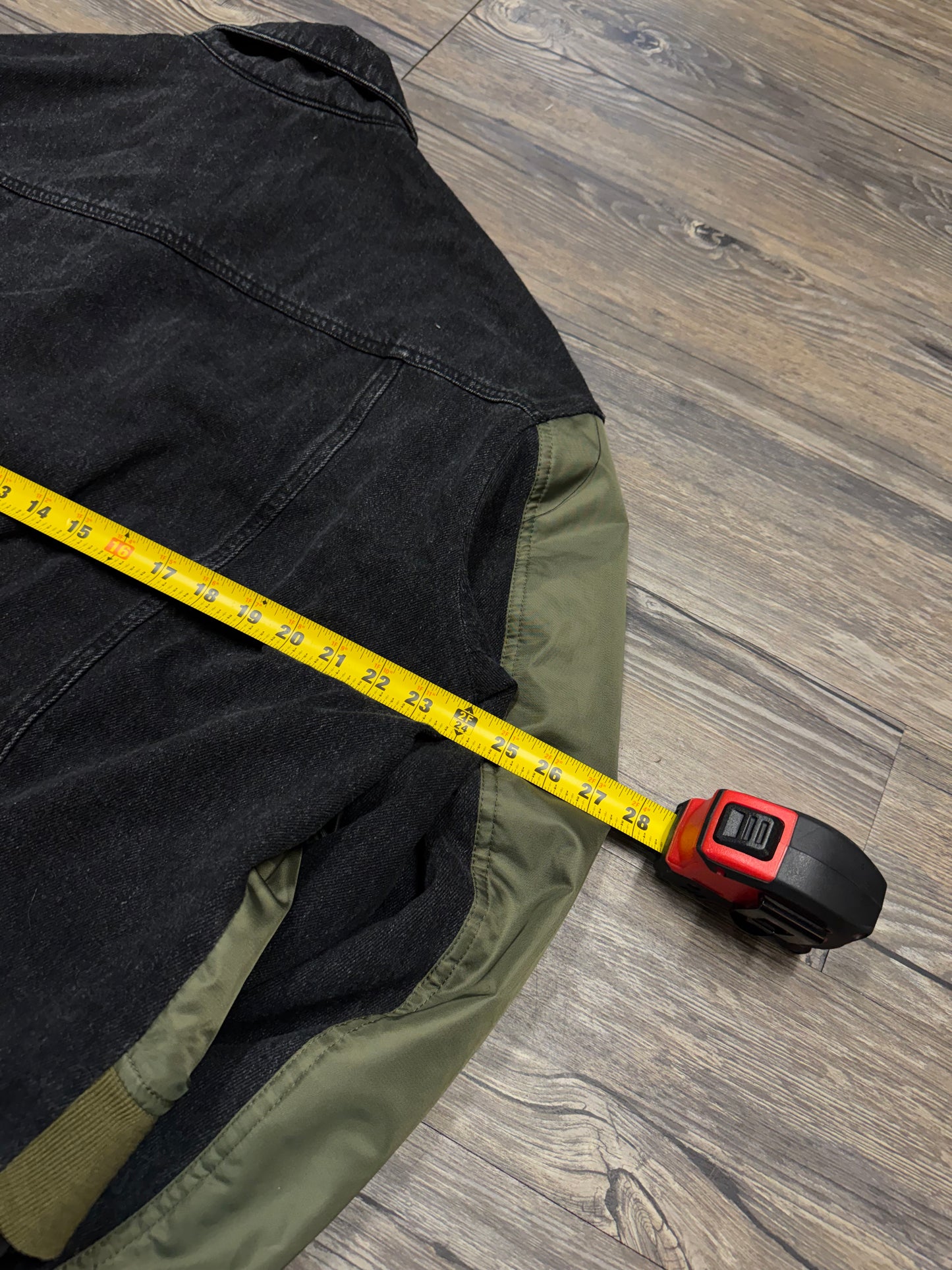 FRAME DOUBLE LAYERED DENIM/NYLON BOMBER JACKET (L)