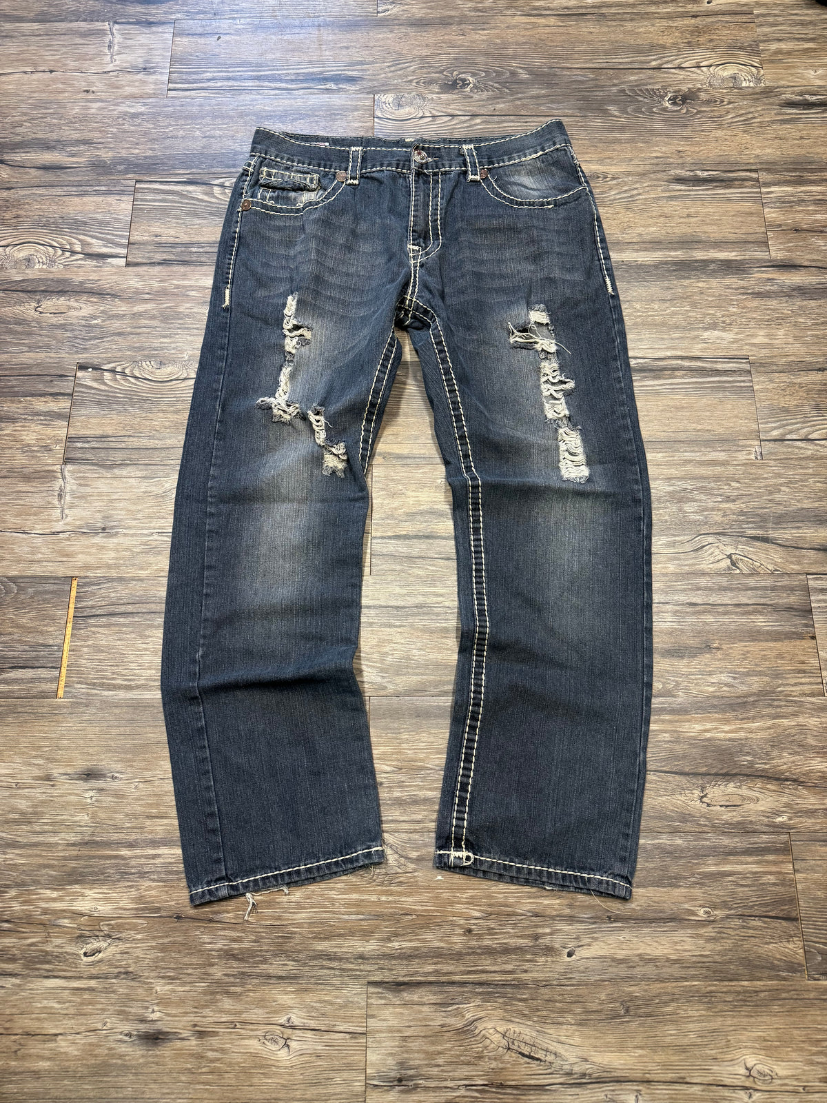TRUE RELIGION DARK WASH DISTRESSED DENIM JEANS (38)