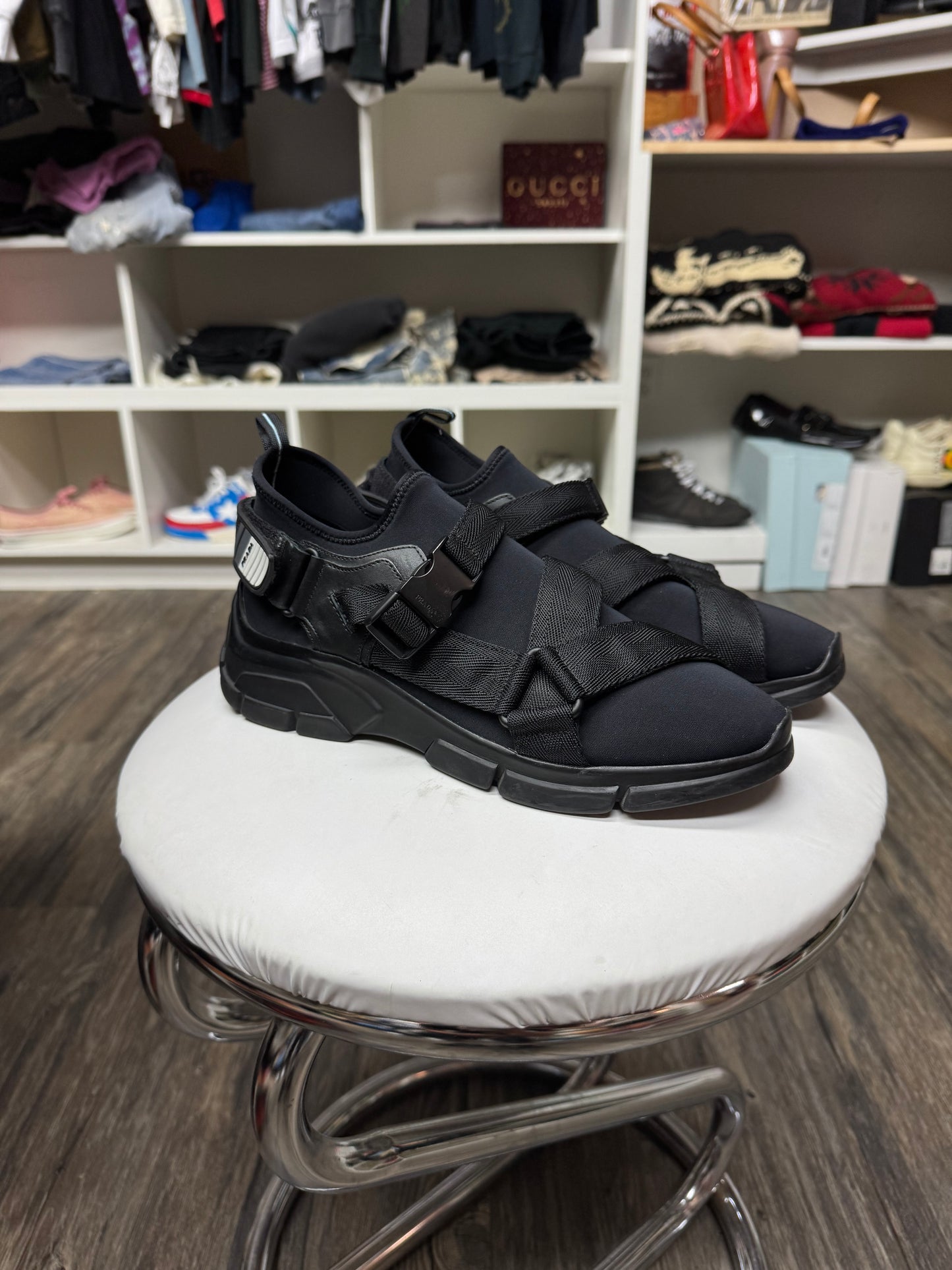 PRADA NEOPRENE BUCKLED WEDGE SNEAKERS (9.5)