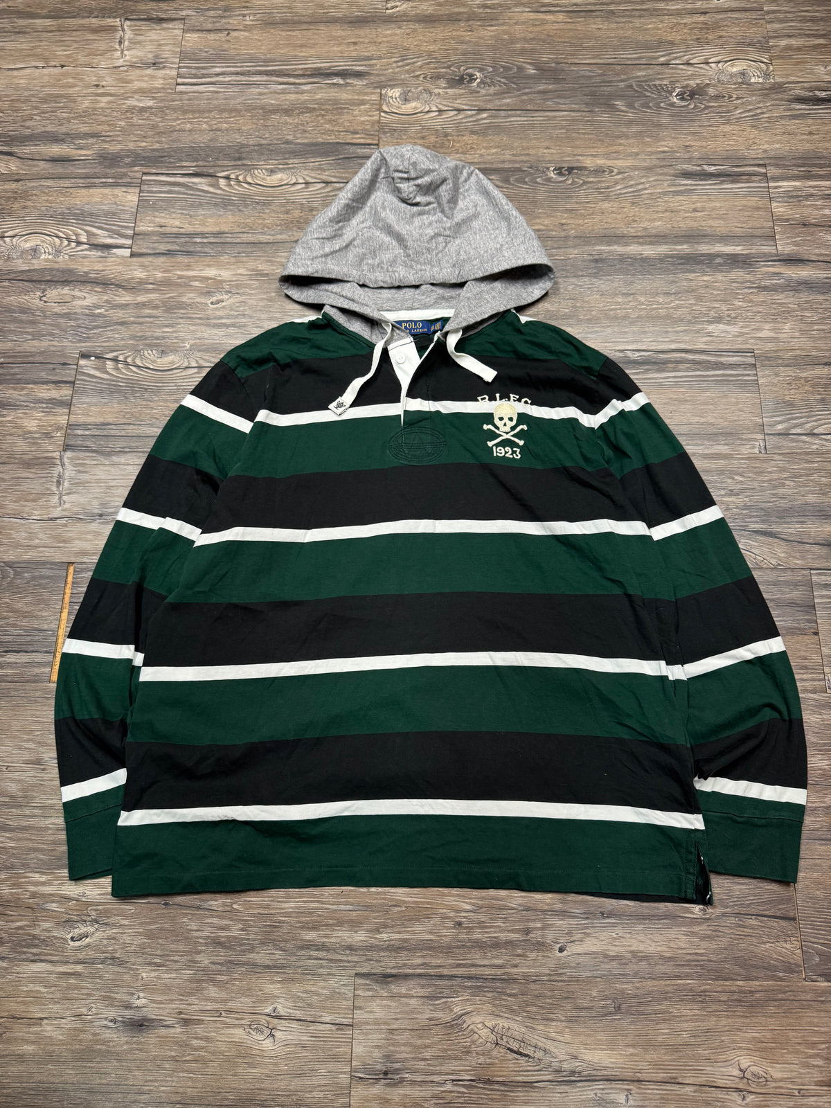 POLO RALPH LAUREN STRIPED R.L.F.C SKULL & CROSSBONES HENLEY HOODIE (XXL)
