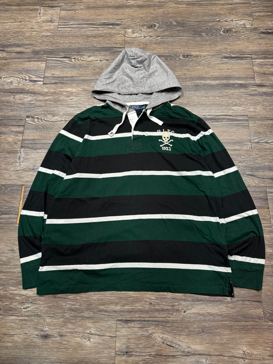 POLO RALPH LAUREN STRIPED R.L.F.C SKULL & CROSSBONES HENLEY HOODIE (XXL)