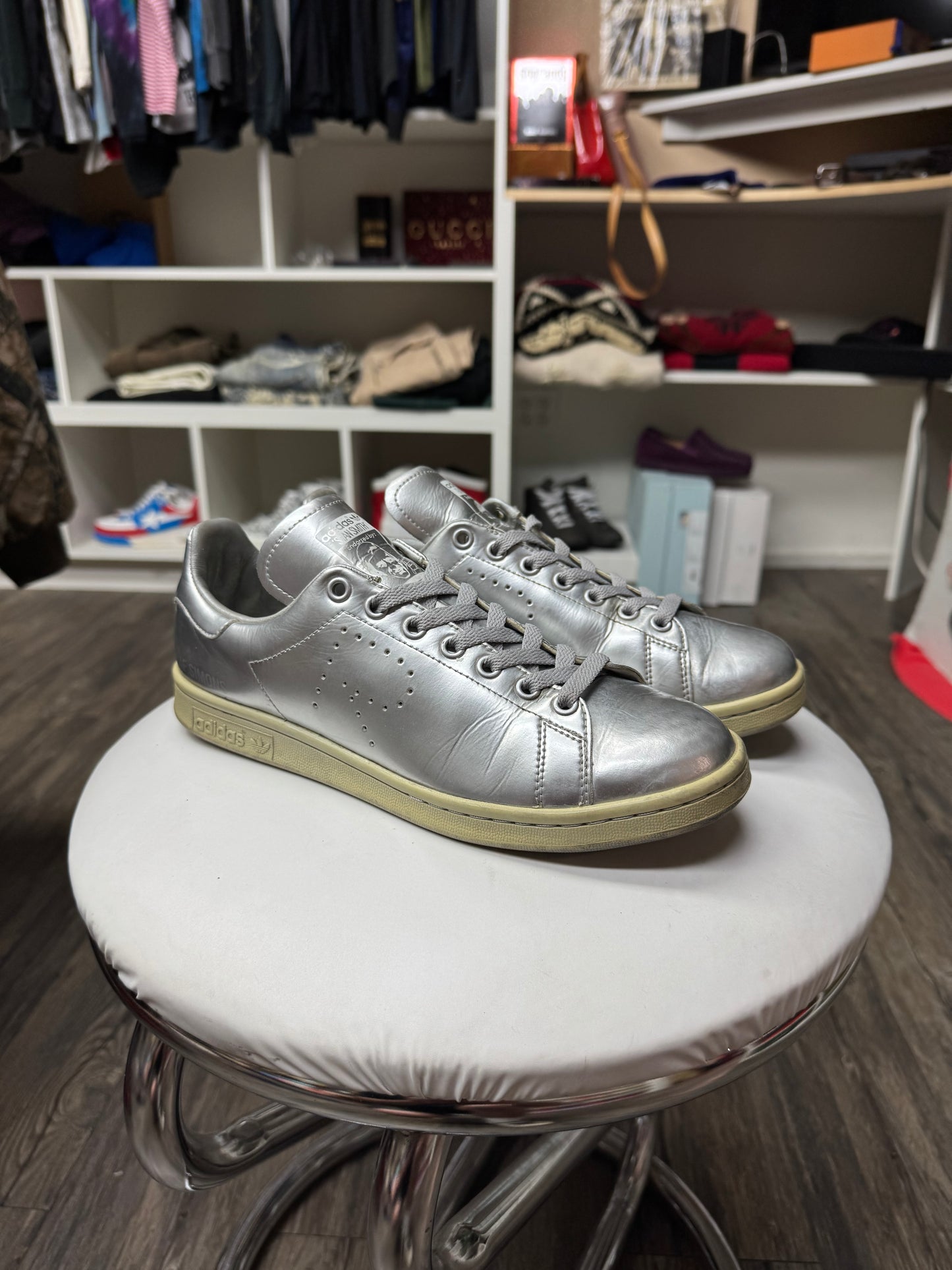 RAF SIMONS X STAN SMITHS METALLIC LOW TOP SNEAKERS (8.5)