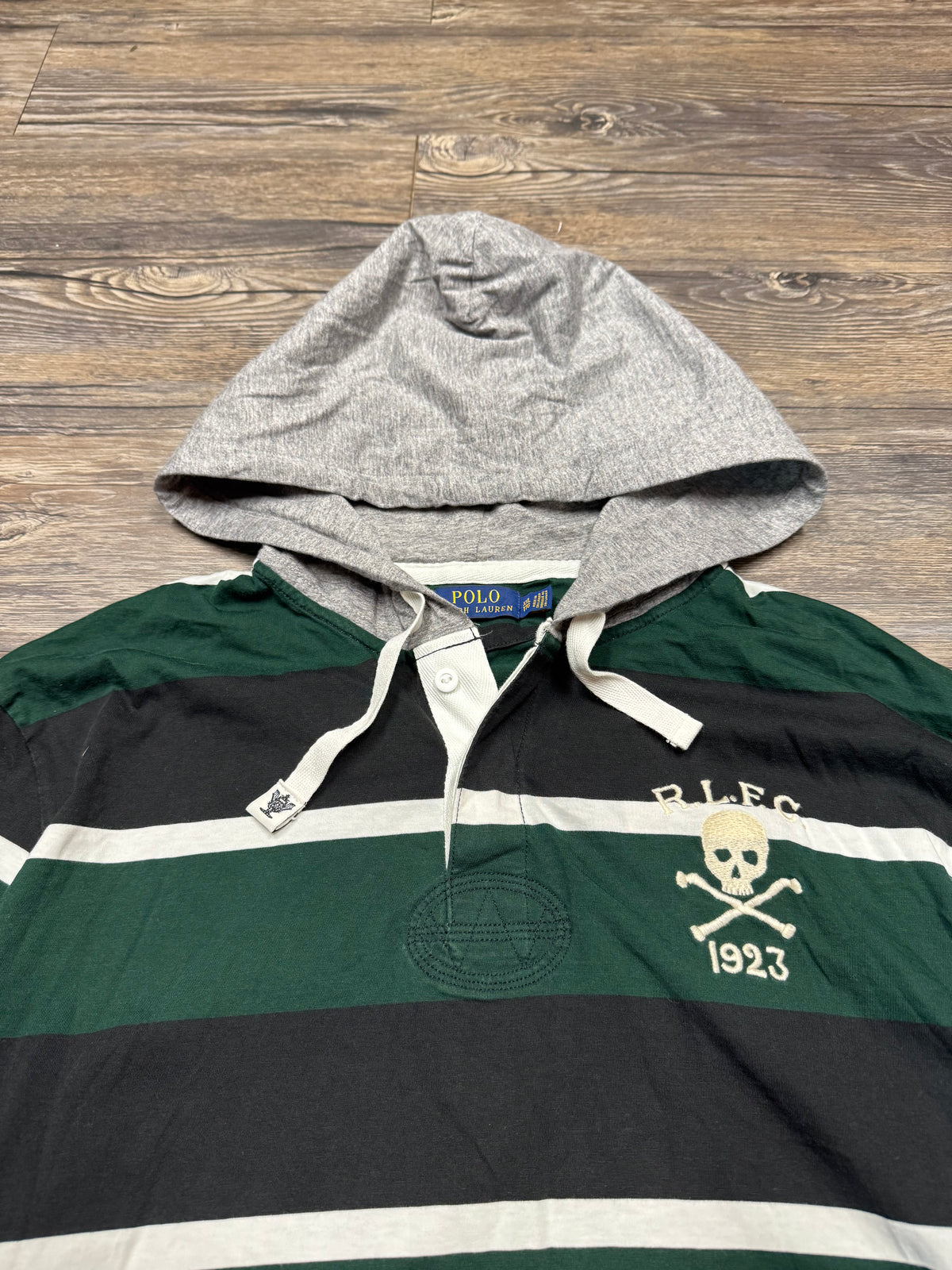 POLO RALPH LAUREN STRIPED R.L.F.C SKULL & CROSSBONES HENLEY HOODIE (XXL)