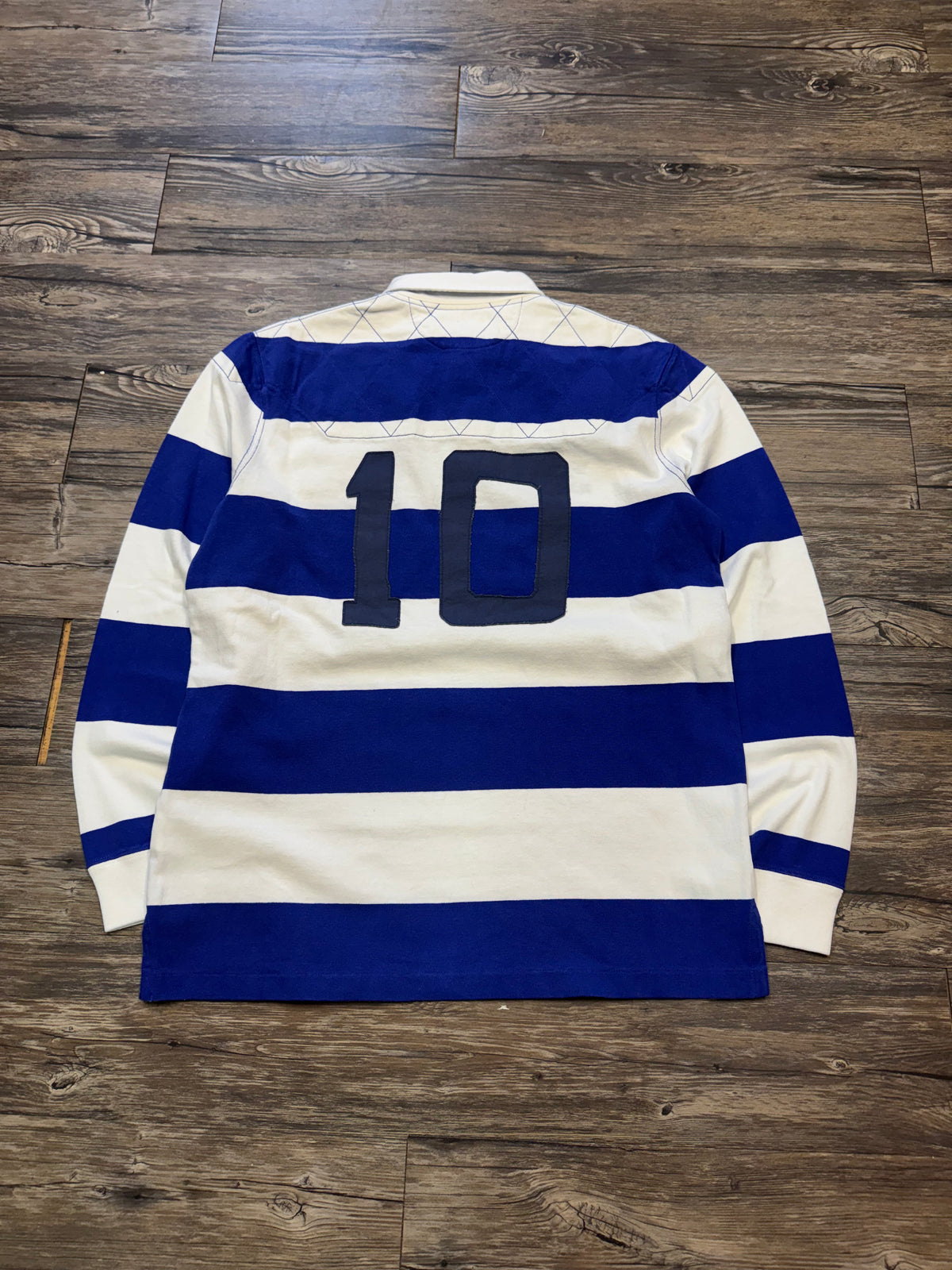 POLO RALPH LAUREN ROSE PATCH STRIPED ROYAL BLUE RUGBY SHIRT (M)