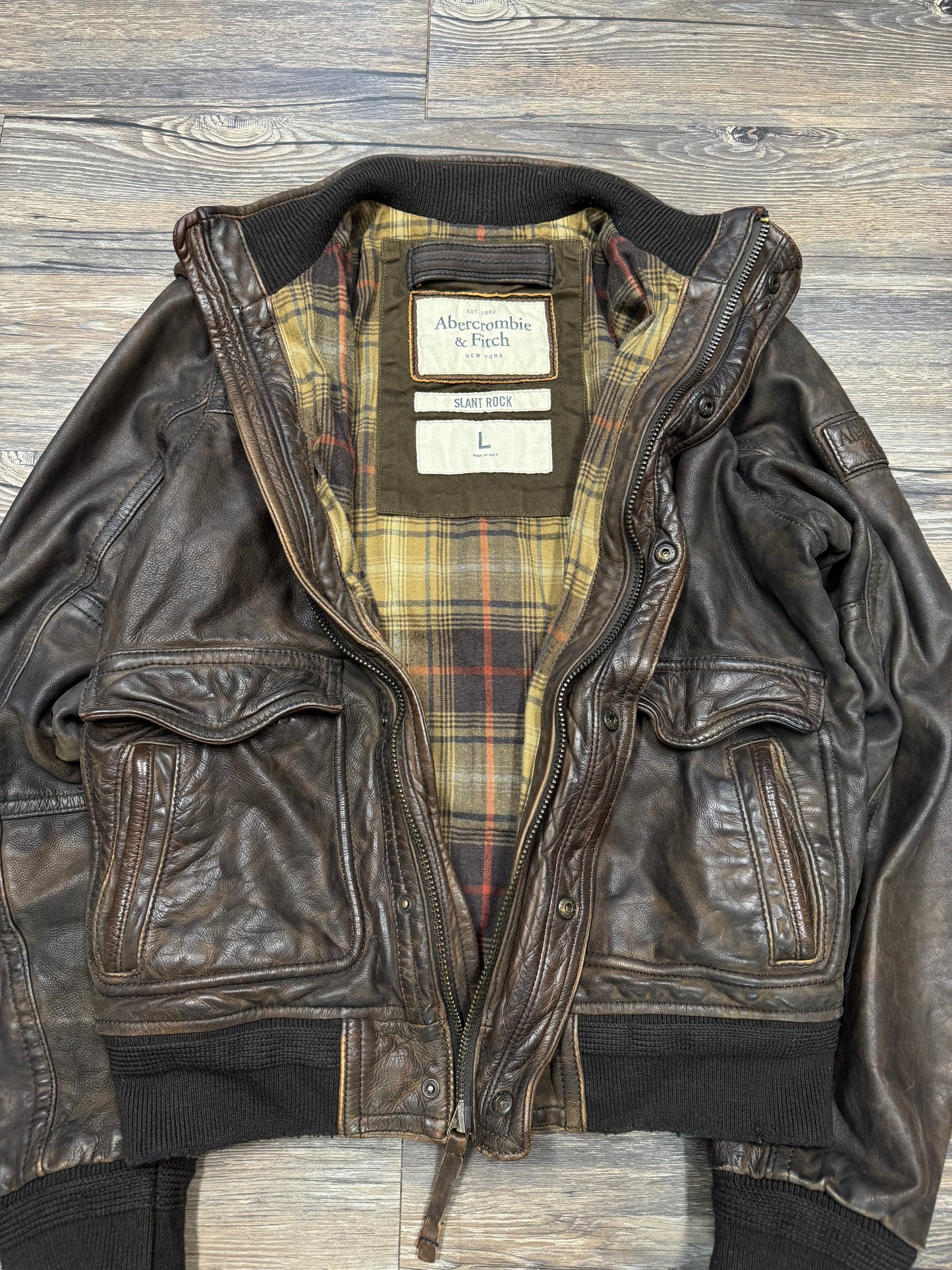 ABERCROMBIE & FITCH 80s SLANT ROCK PLAID LINED FLIGHT LEATHER JACKET (L)