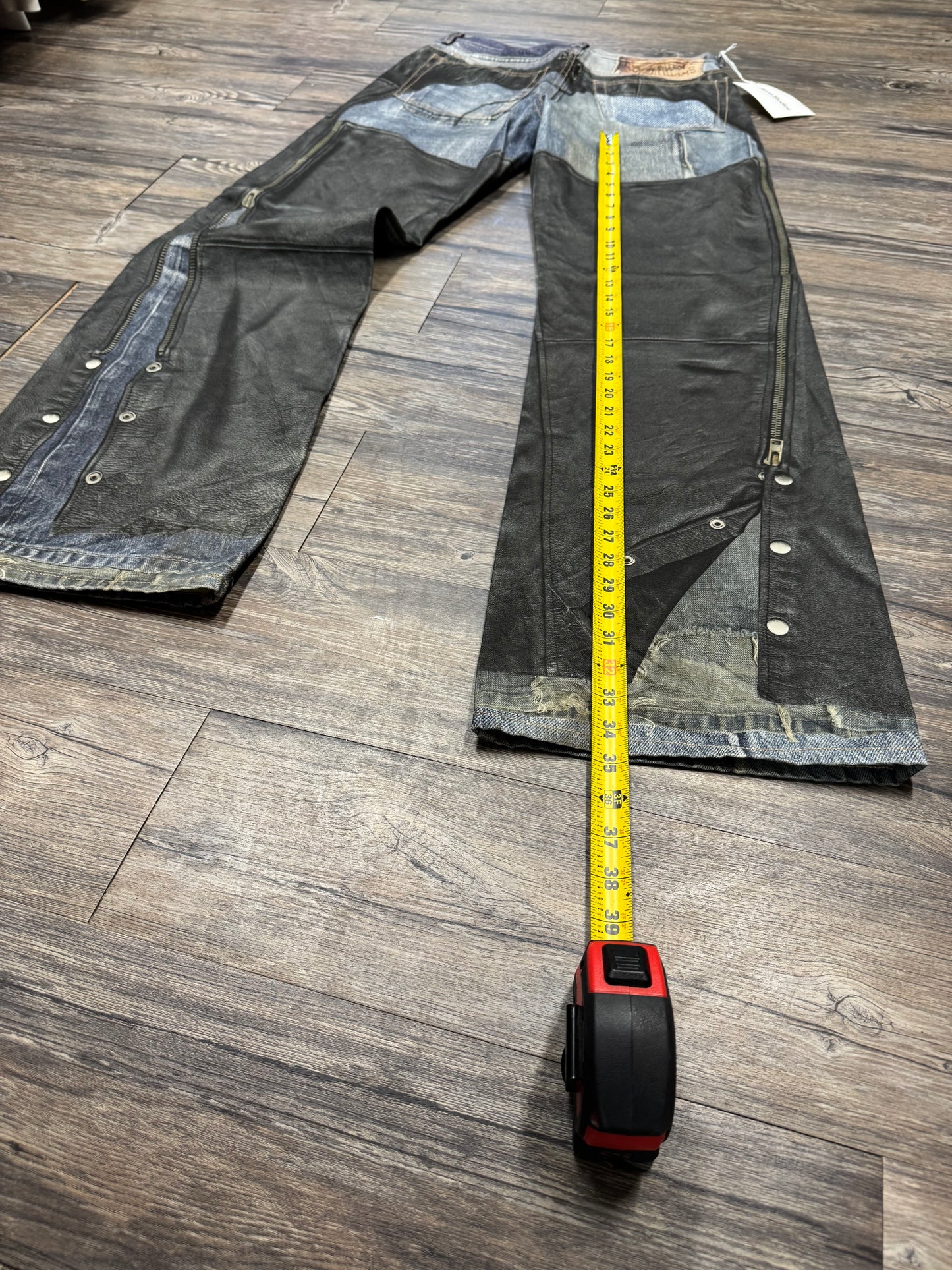 ACNE STUDIOS FAUX LEATHER CHAPS TROMPE L’OEIL JEANS (31)