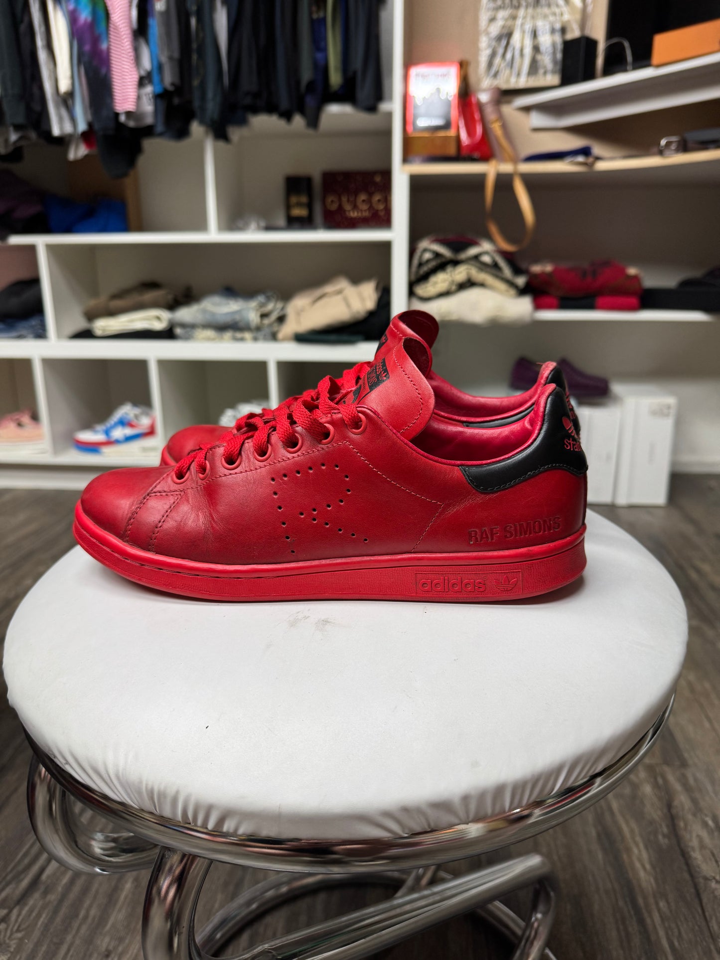 RAF SIMONS X STAN SMITHS SATIN RED LOW TOP SNEAKER (8.5)