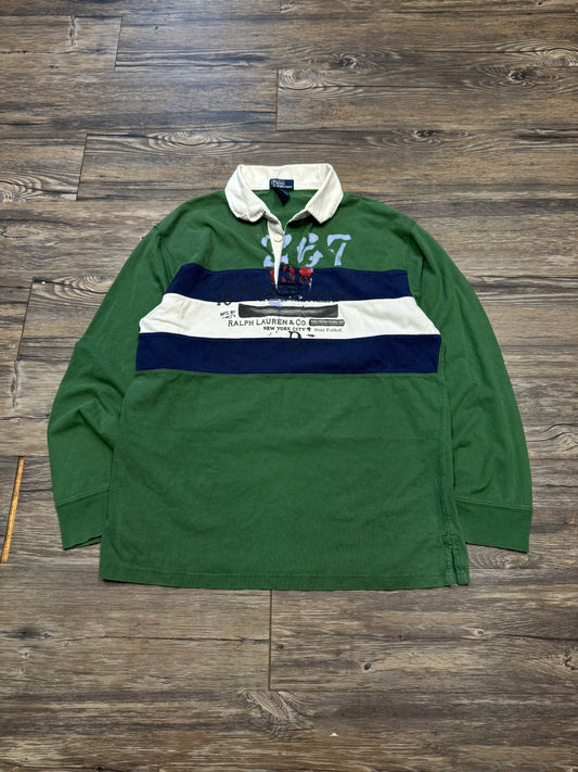 POLO RALPH LAUREN NYC STRIPED FOREST GREEN RUGBY SHIRT (S)