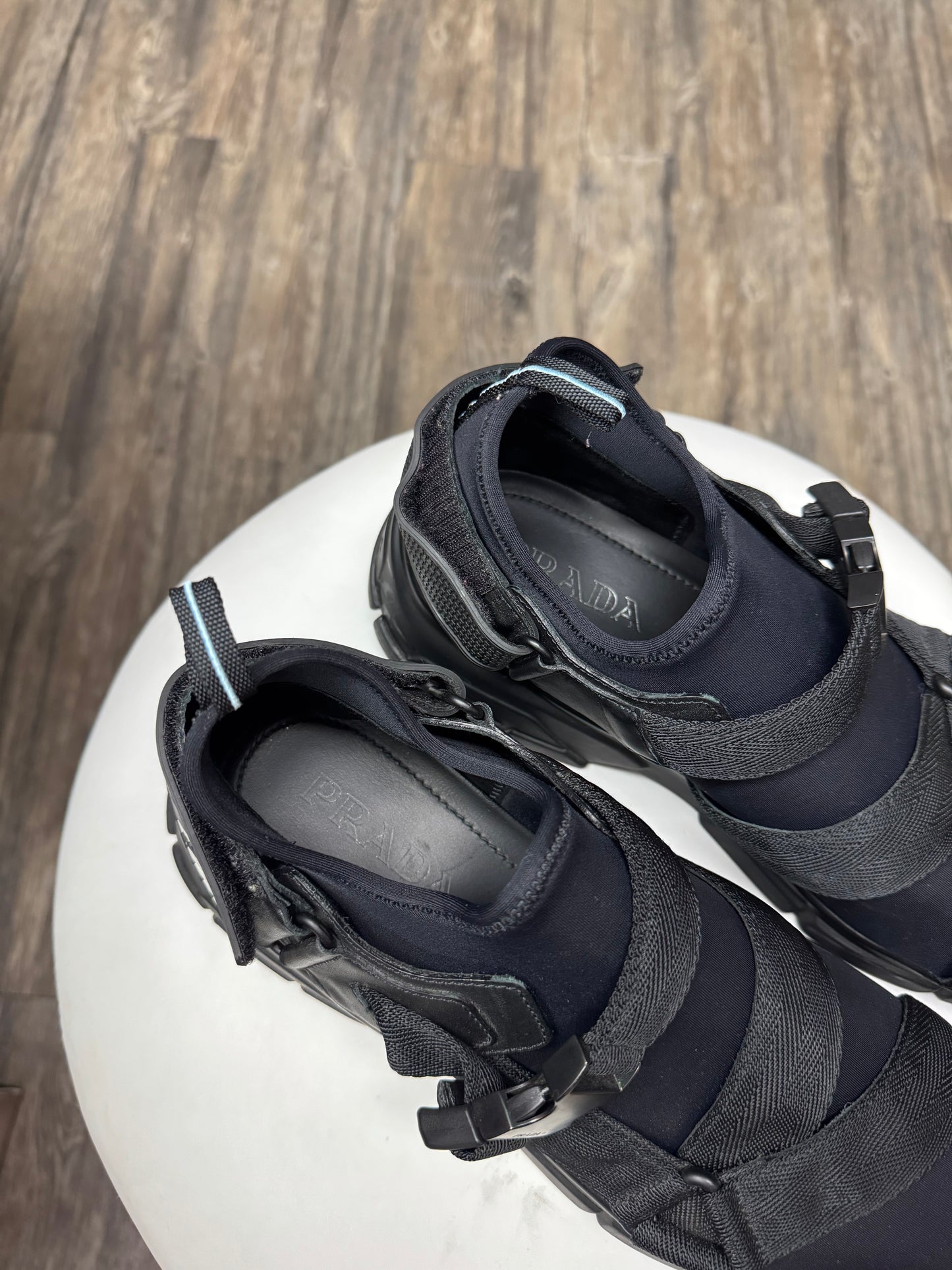 PRADA NEOPRENE BUCKLED WEDGE SNEAKERS (9.5)