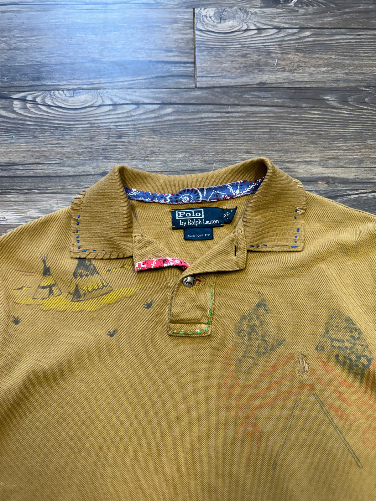 POLO RALPH LAUREN NATIVE AMERICAN SASHIKO STITCH STENCIL POLO SHIRT (M)
