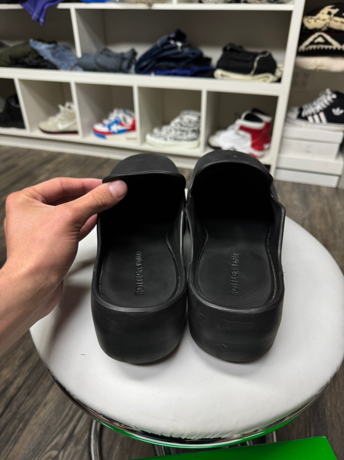 BOTTEGA VENETA BLACK RUBBER MULES (10.5)