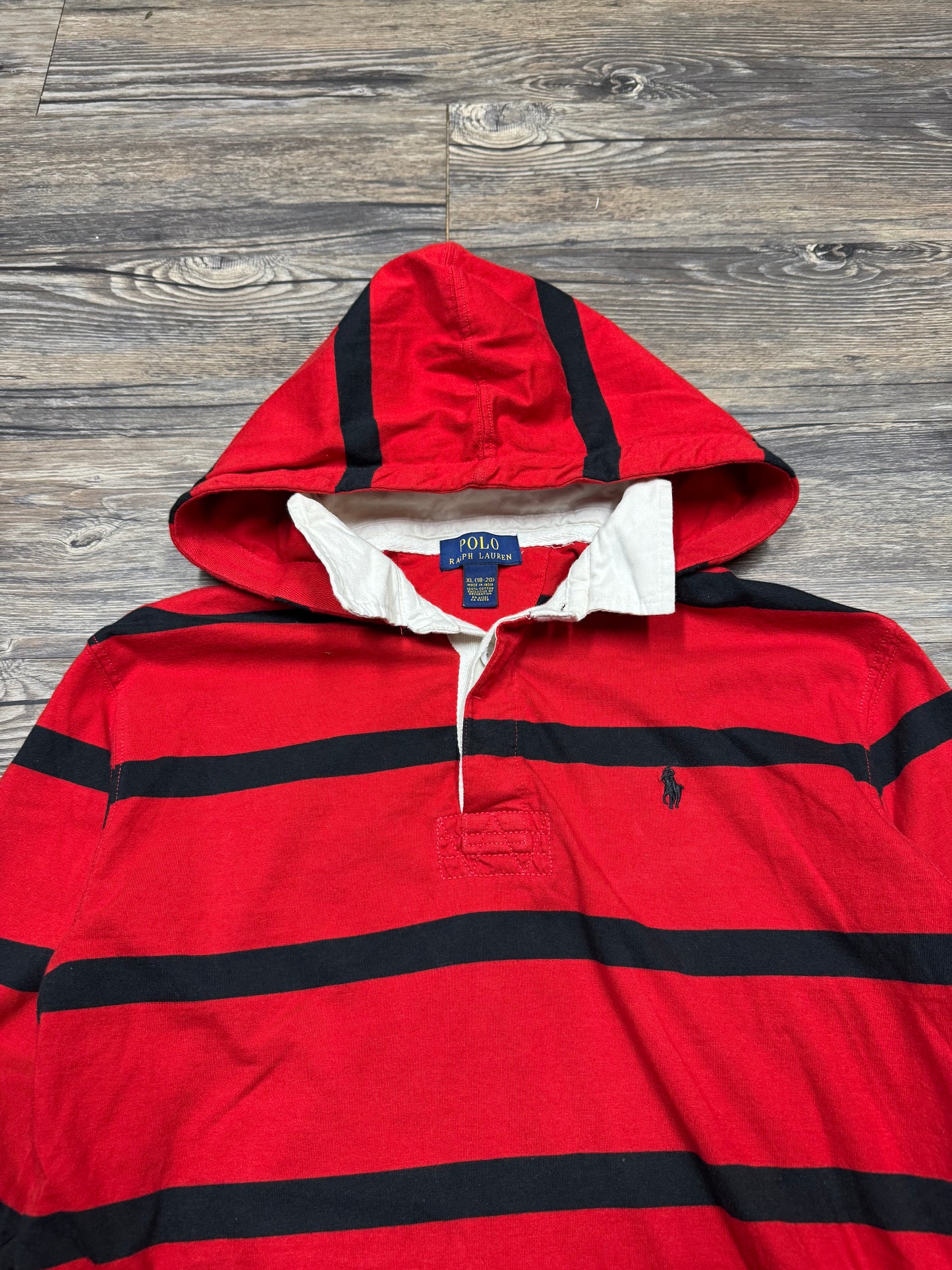 POLO RALPH LAUREN HOODED STRIPED RUGBY SHIRT (S)