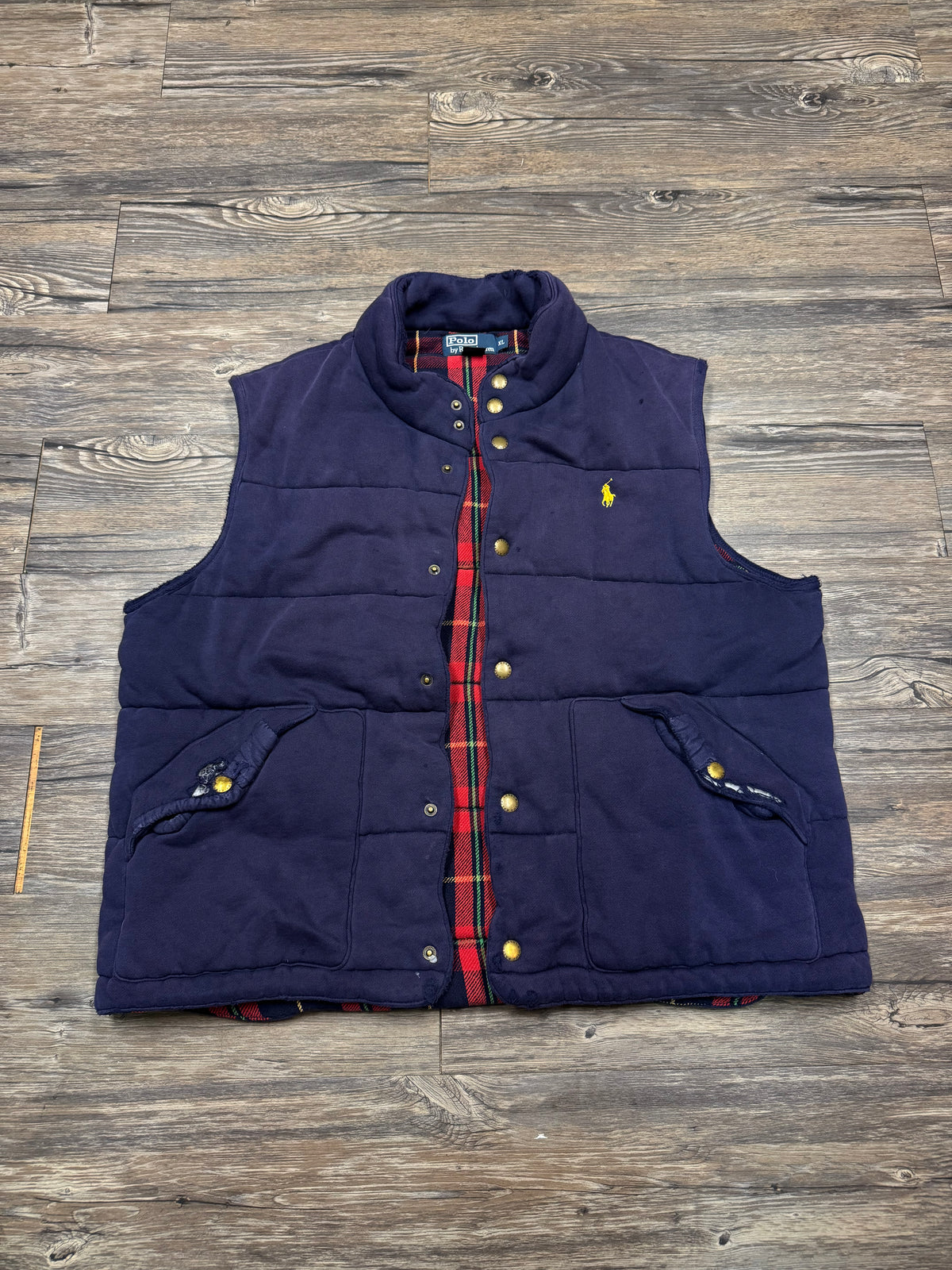 POLO RALPH LAUREN PLAID LINED FADED & DISTRESSED PUFFER VEST (XL)