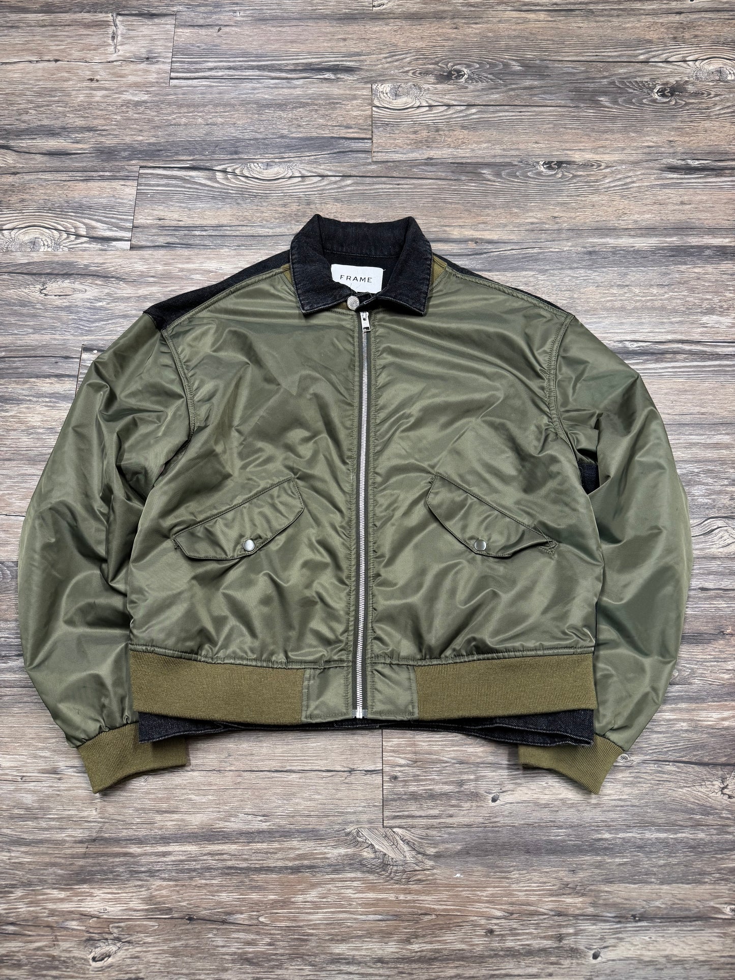 FRAME DOUBLE LAYERED DENIM/NYLON BOMBER JACKET (L)