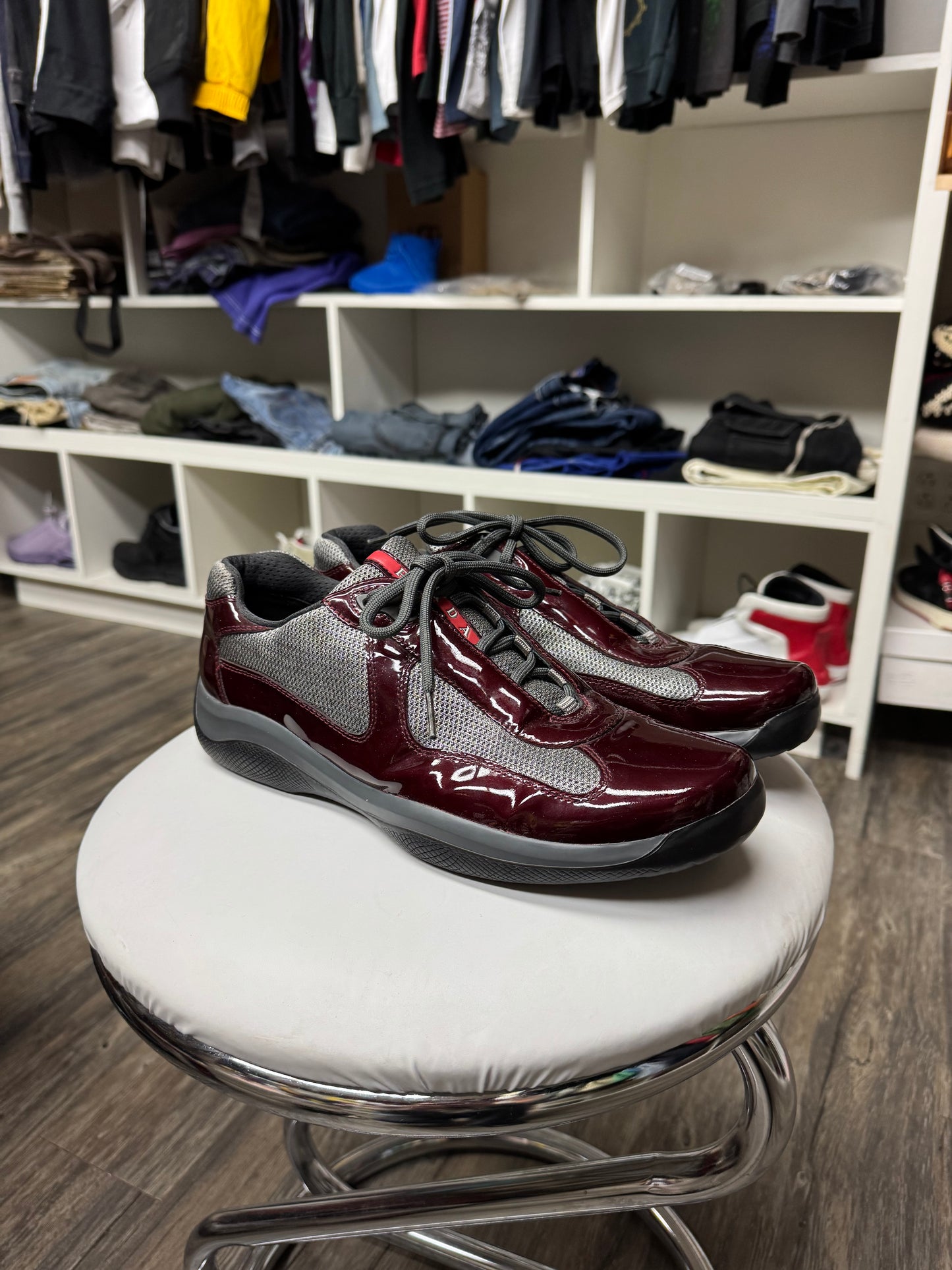 PRADA WINE RED PATENT LEATHER CUPS (10.5)