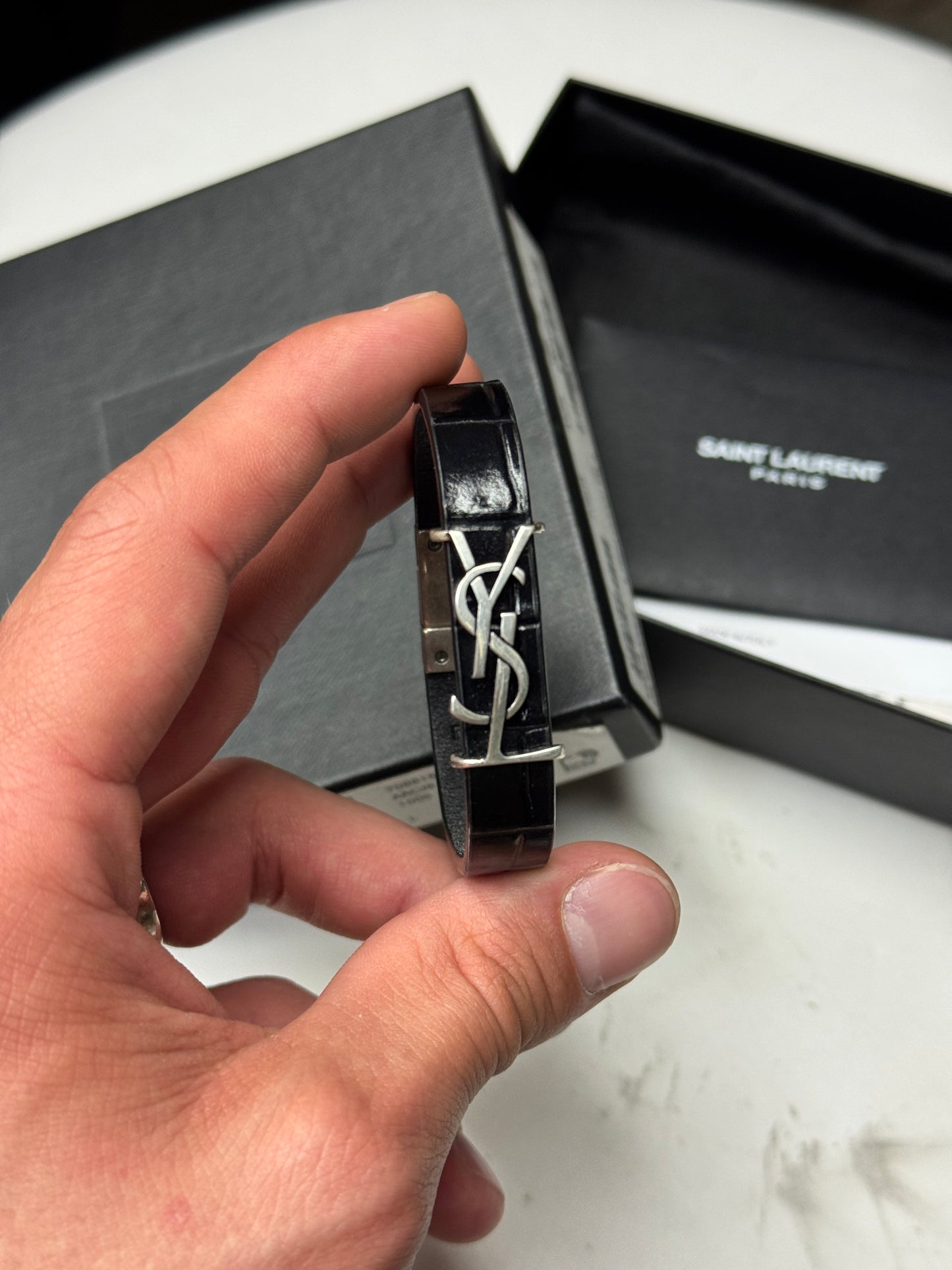 SAINT LAURENT REPTILE PATENT LEATHER BRACELET (7.5)