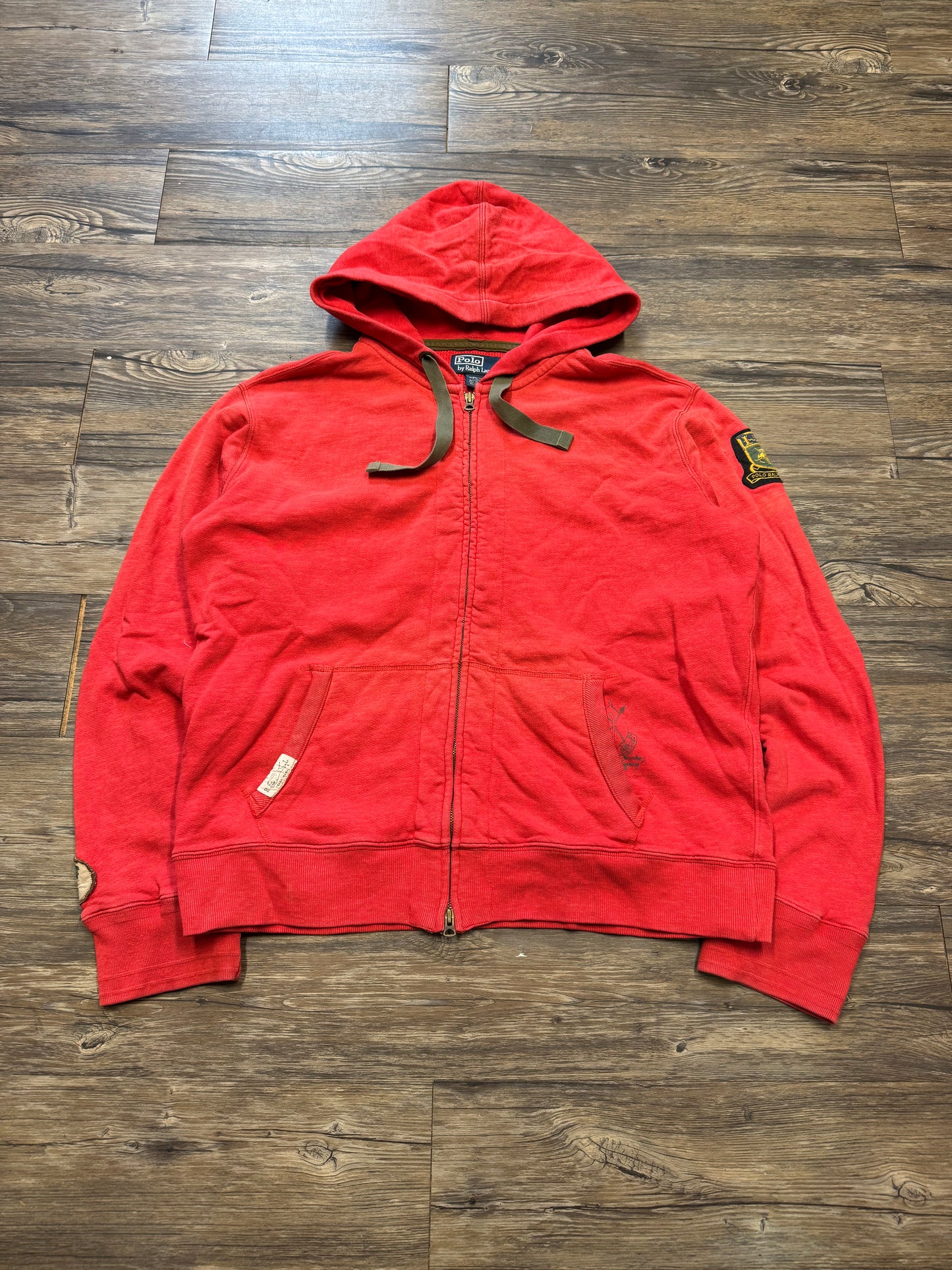 POLO RALPH LAUREN RED VINTAGE WAFFLE ARMY ZIP-UP HOODIE (XL)
