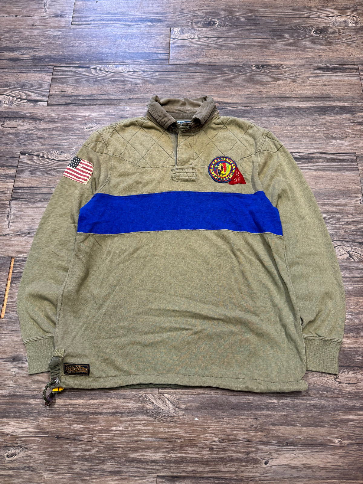 POLO RALPH LAUREN NATIVE AMERICAN PATCH OLIVE RUGBY SHIRT (L)
