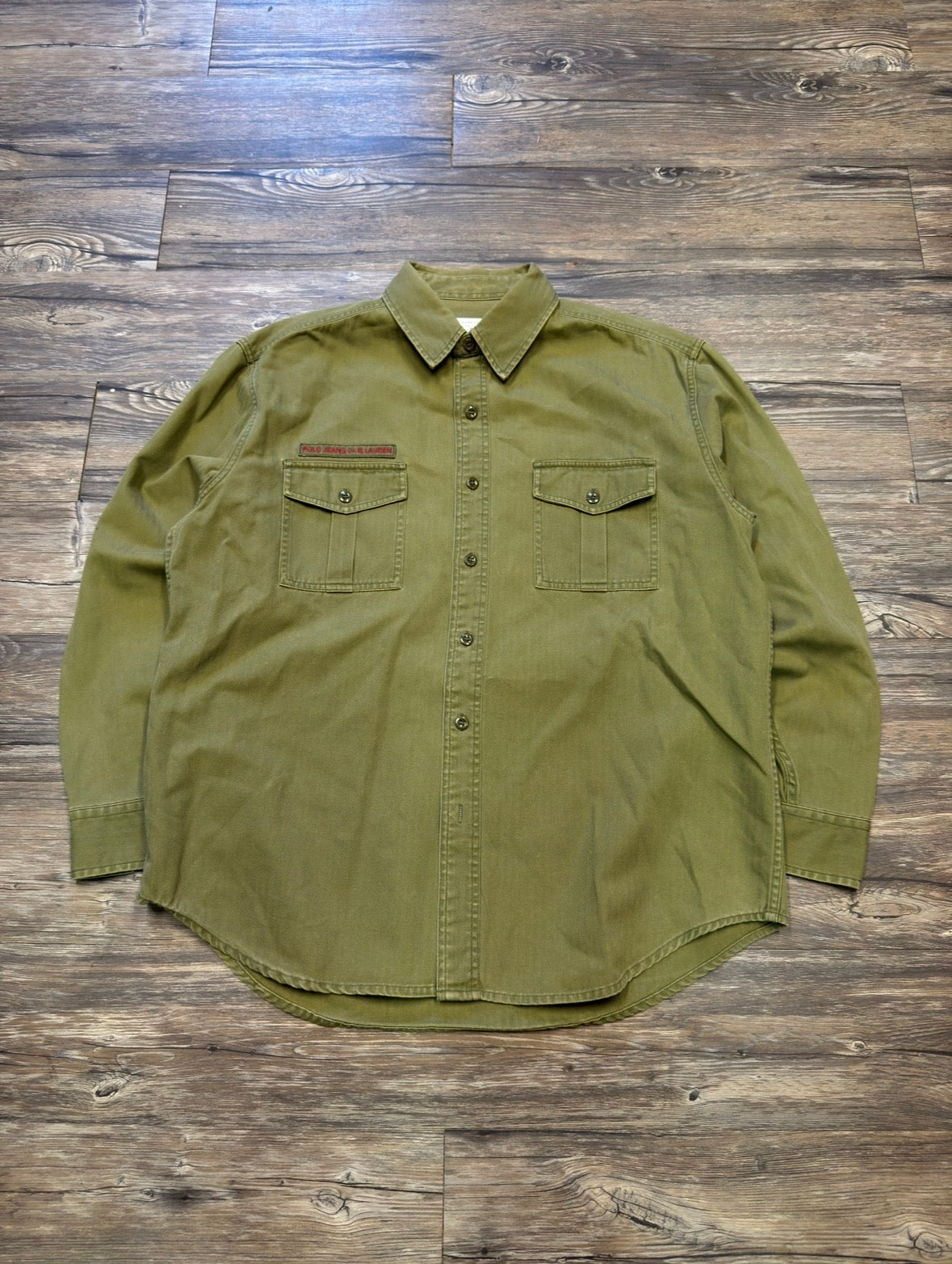 POLO JEANS CO. HERRINGBONE TWILL FATIGUE BUTTON UP (L)
