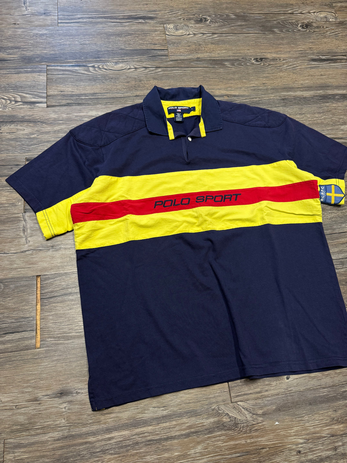 POLO RALPH LAUREN SPORT STRIPED NYLON HYBRID POLO SHIRT (L)