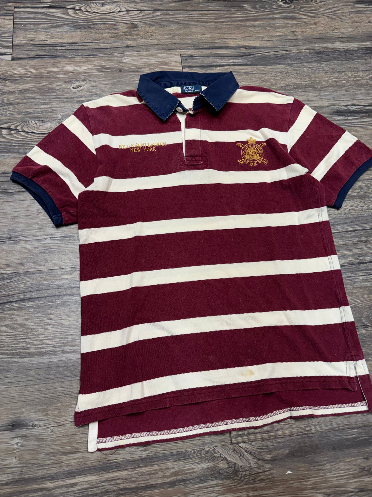 POLO RALPH LAUREN STRIPED MAROON NEW YORK POLO SHIRT (S)