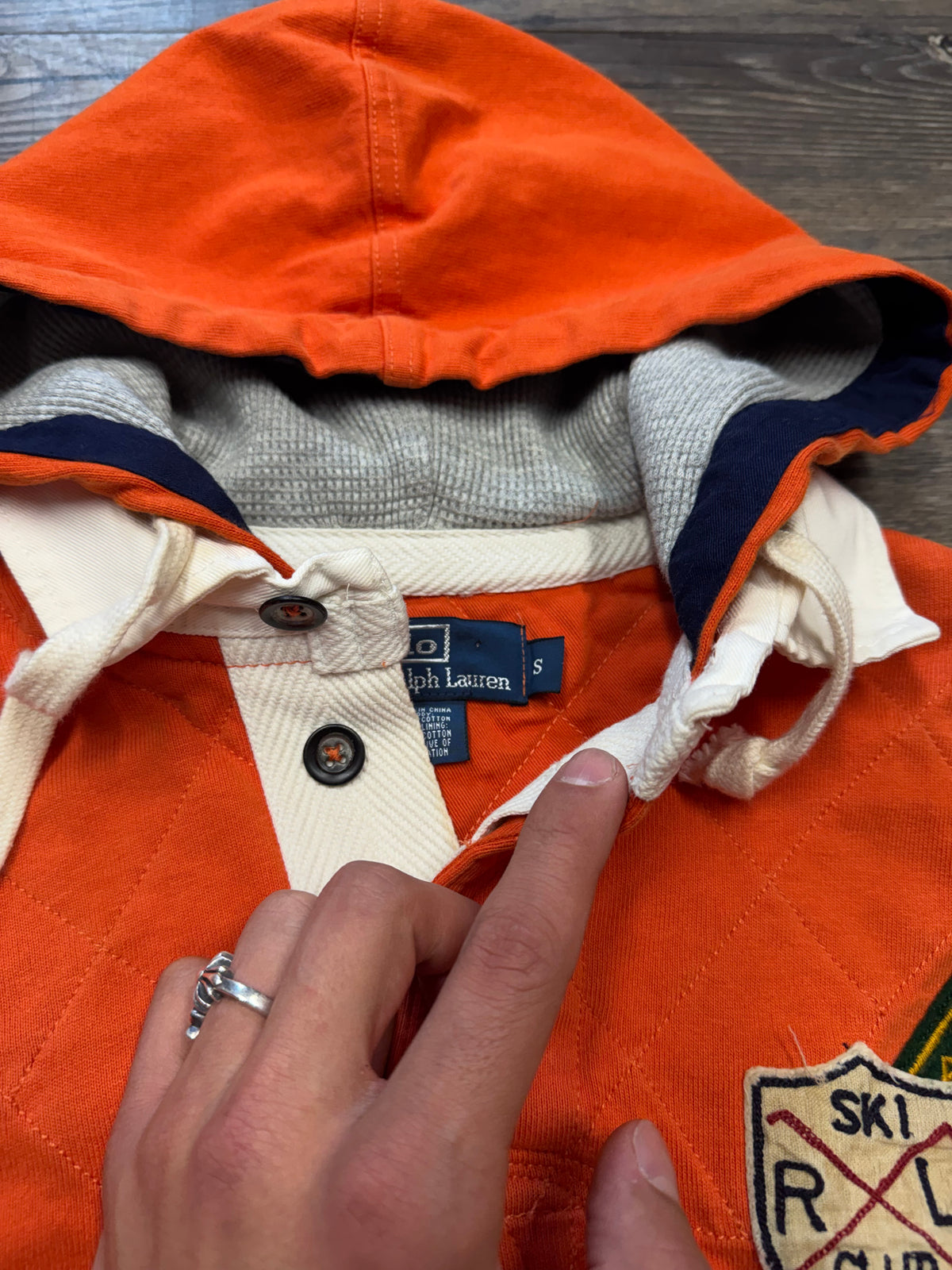 POLO RALPH LAUREN SKIT PATROL HENLEY PATCHWORK HOODED SWEATSHIRT (S)
