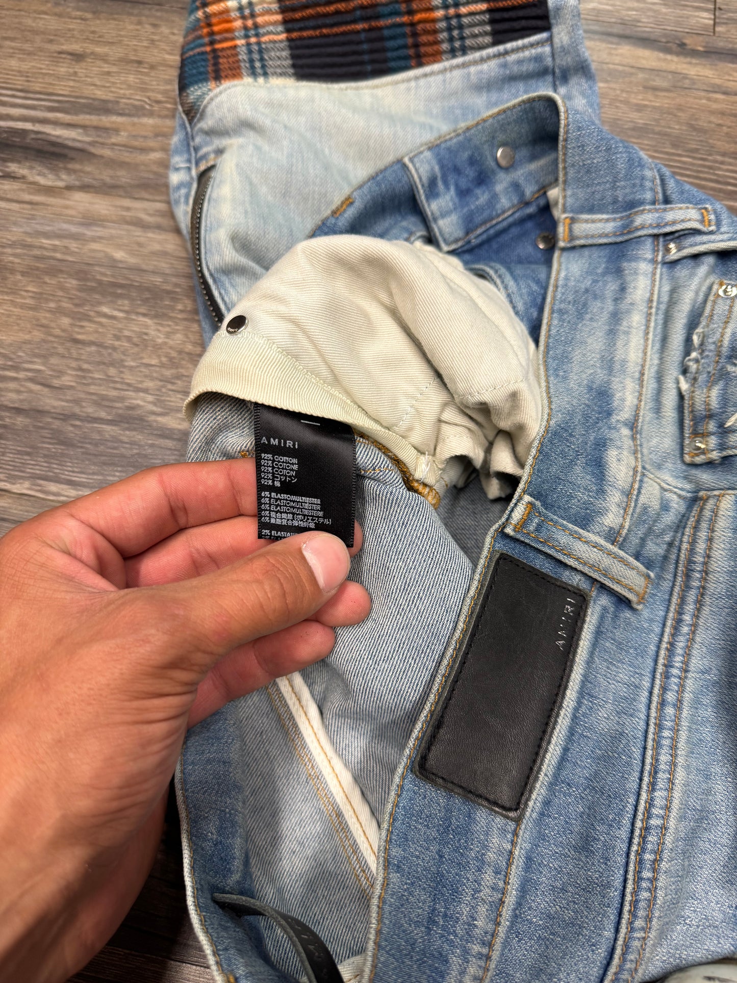 AMIRI MX2 INDIGO/ORANGE FLANNEL ZIPPER SKINNY JEANS (32)