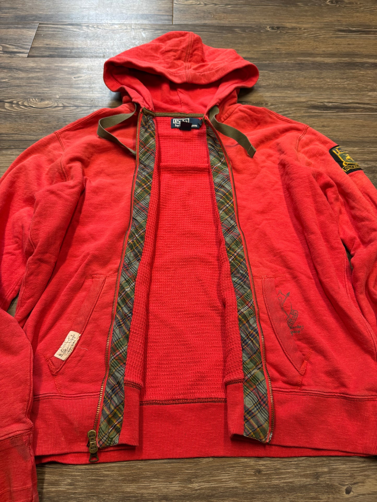 POLO RALPH LAUREN RED VINTAGE WAFFLE ARMY ZIP-UP HOODIE (XL)