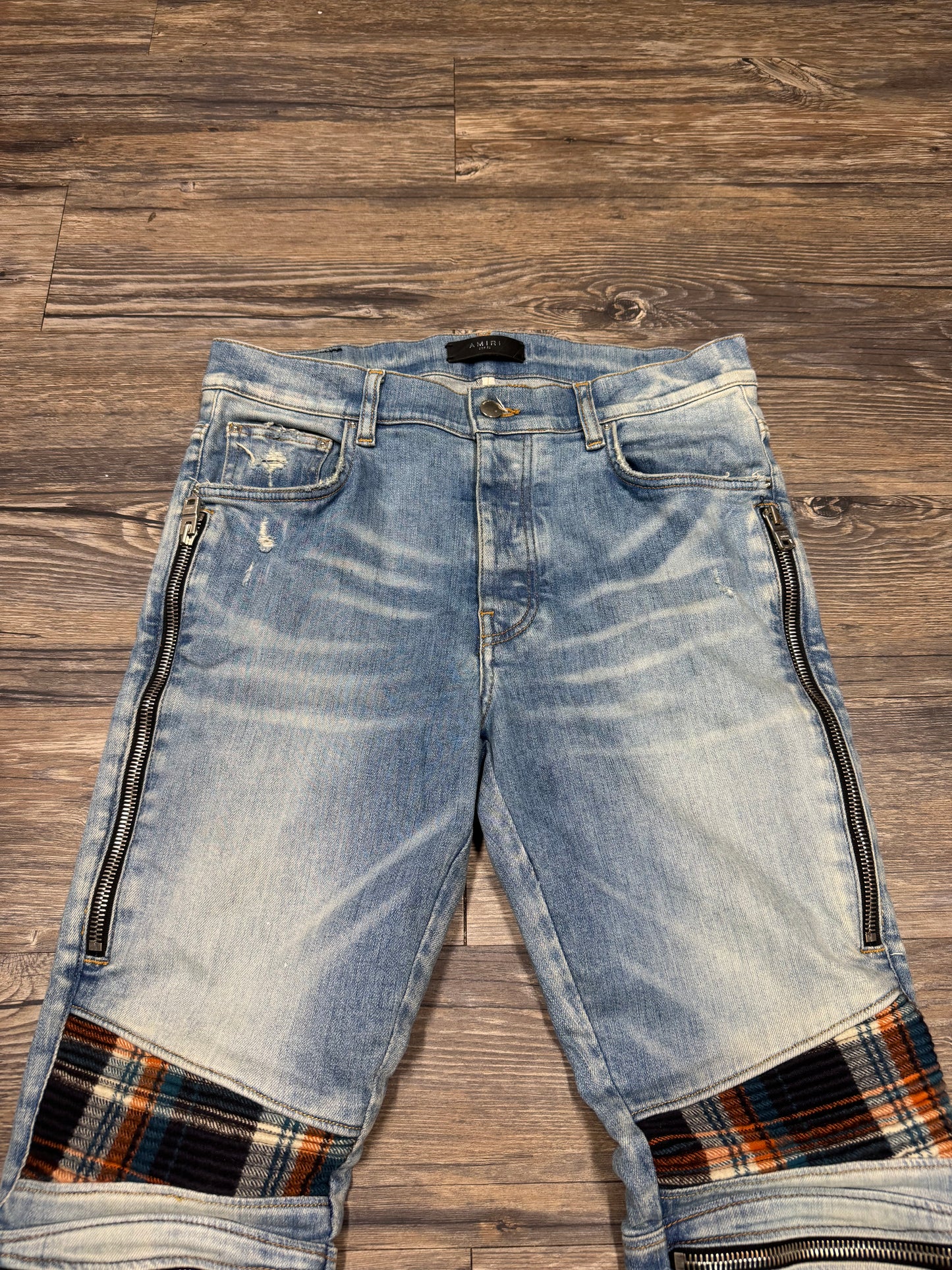 AMIRI MX2 INDIGO/ORANGE FLANNEL ZIPPER SKINNY JEANS (32)