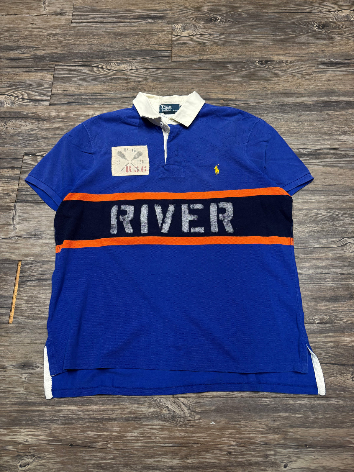 POLO RALPH LAUREN SMALL PONY RIVER RAFTING STRIPED ROYAL BLUE POLO SHIRT (XL)