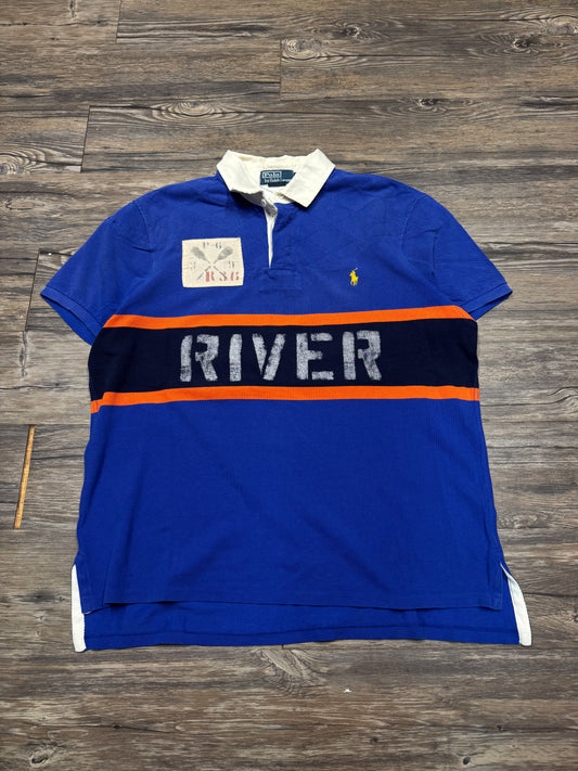 POLO RALPH LAUREN SMALL PONY RIVER RAFTING STRIPED ROYAL BLUE POLO SHIRT (XL)