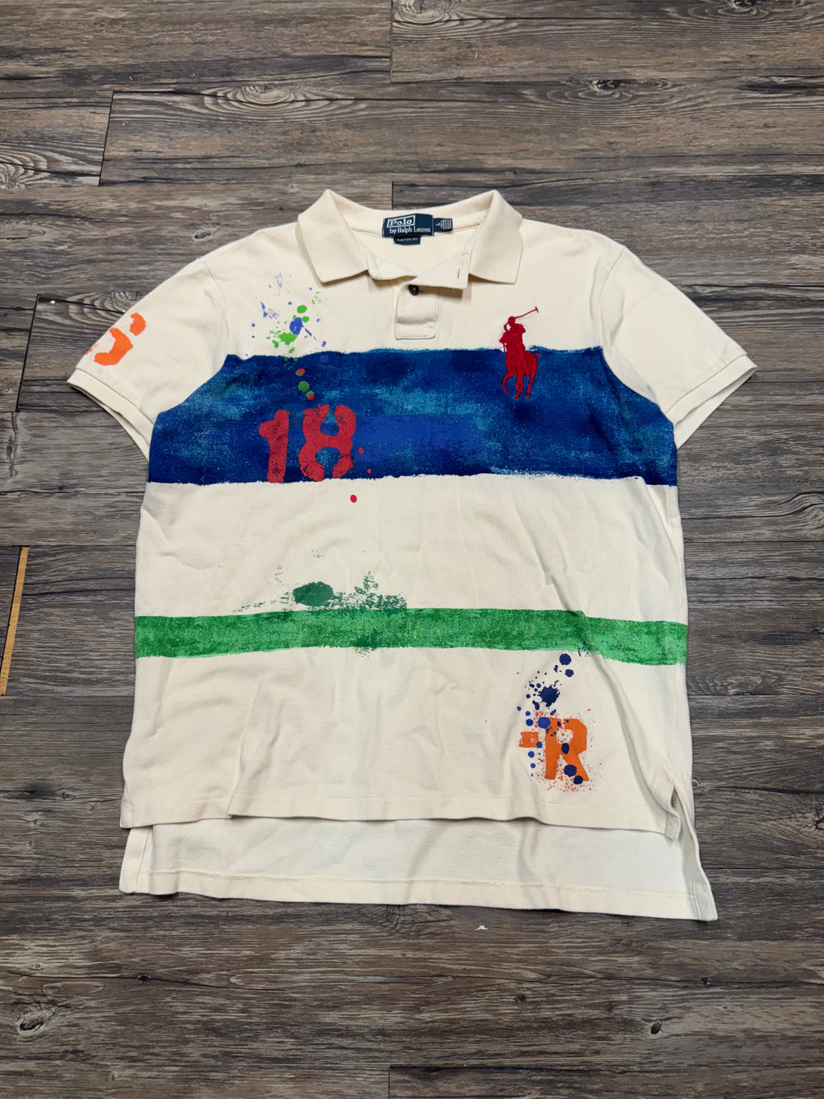 POLO RALPH LAUREN 2012 BIG PONY PAINT SPLATTER GRAPHIC POLO SHIRT (L)