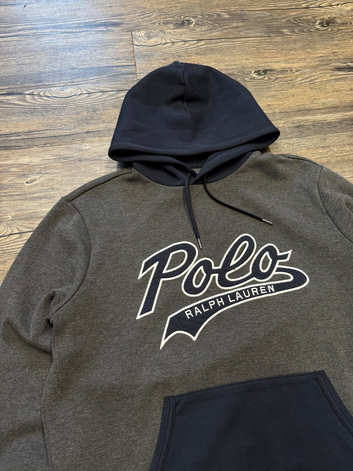 POLO RALPH LAUREN DOUBLE KNIT GREY & NAVY HOODIE (L)