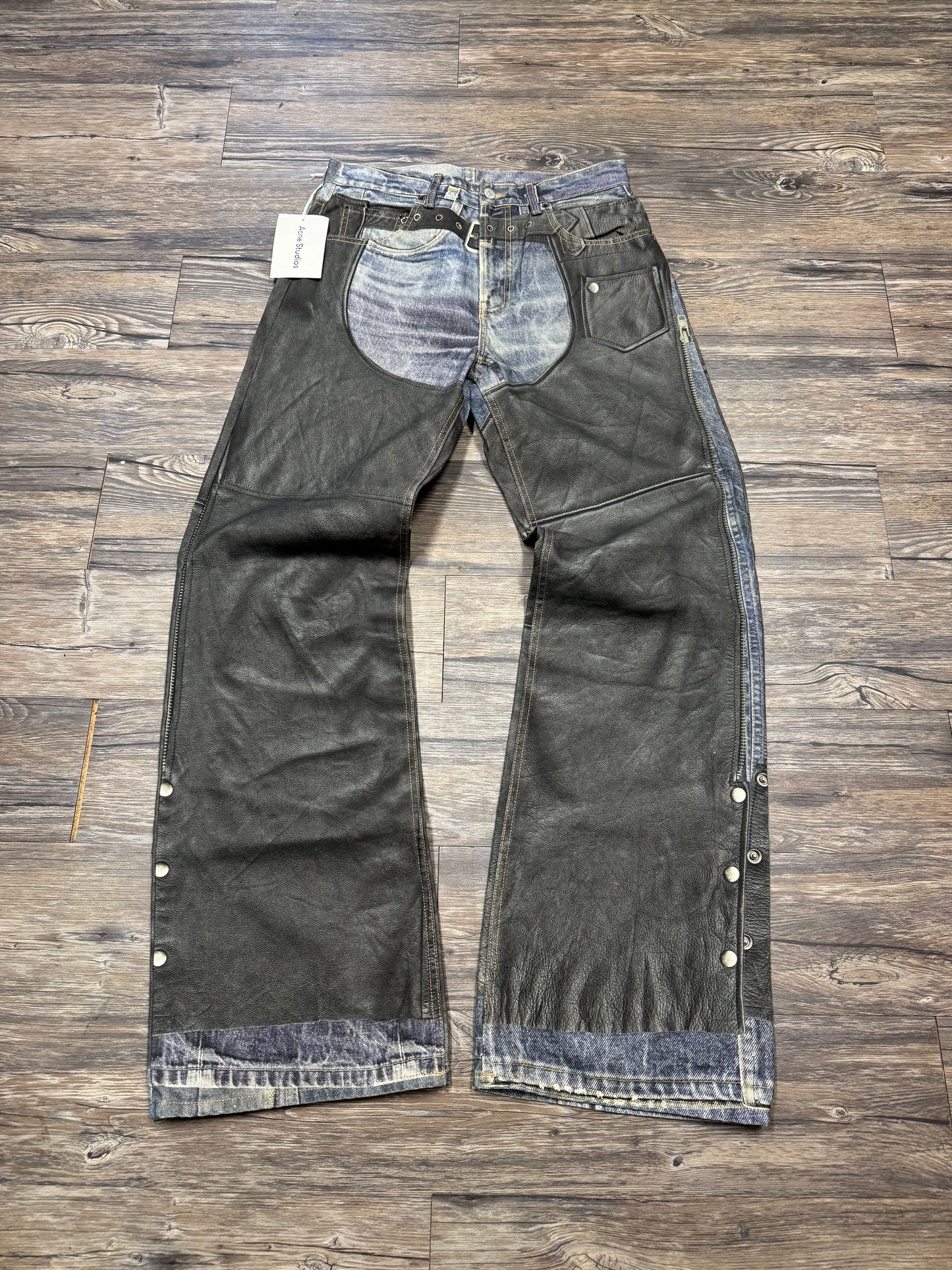 ACNE STUDIOS FAUX LEATHER CHAPS TROMPE L’OEIL JEANS (31)