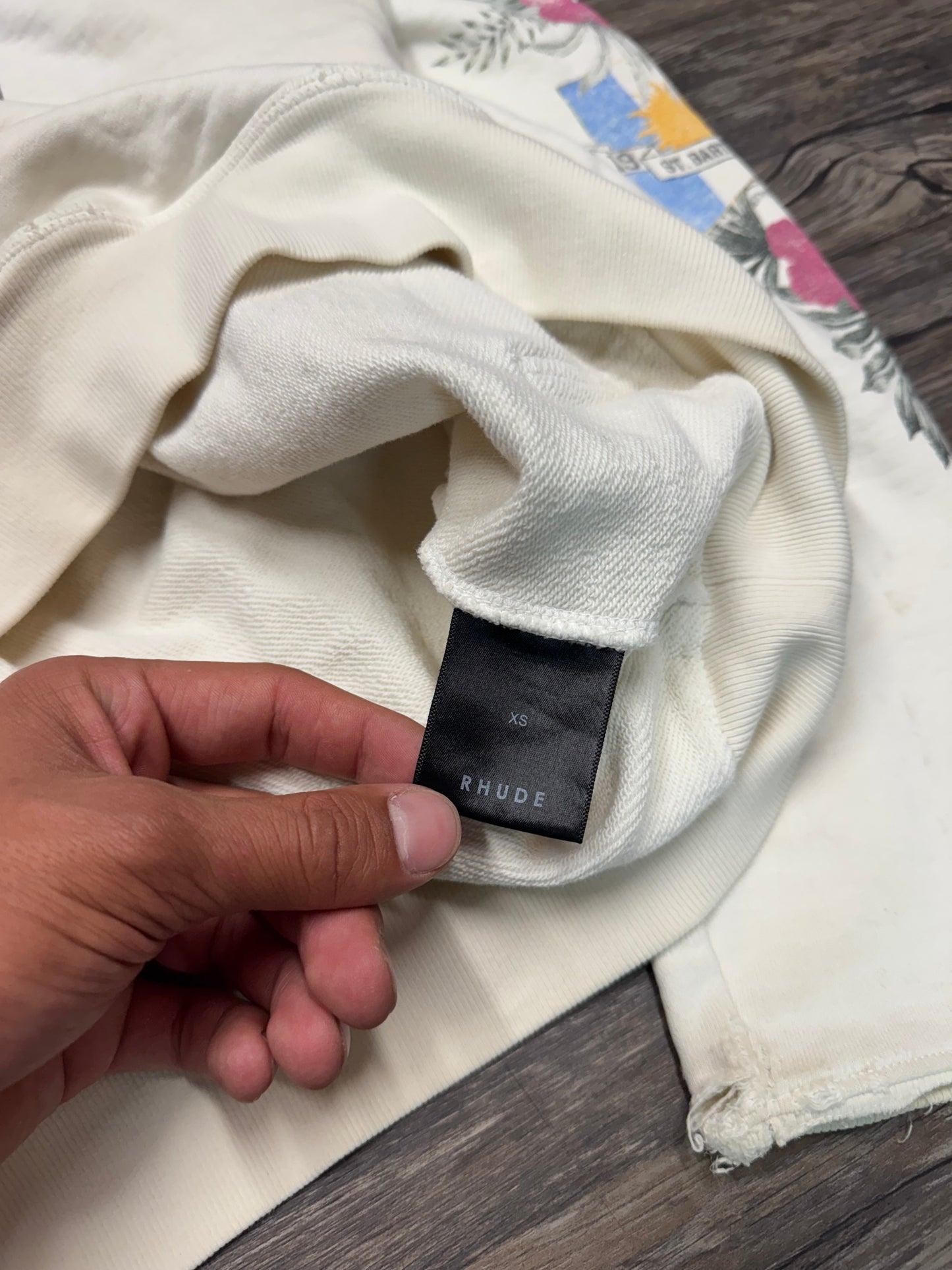 RHUDE VTG SAINT UNIVERSITY CREAM HOODED SWEATSHIRT (XS)