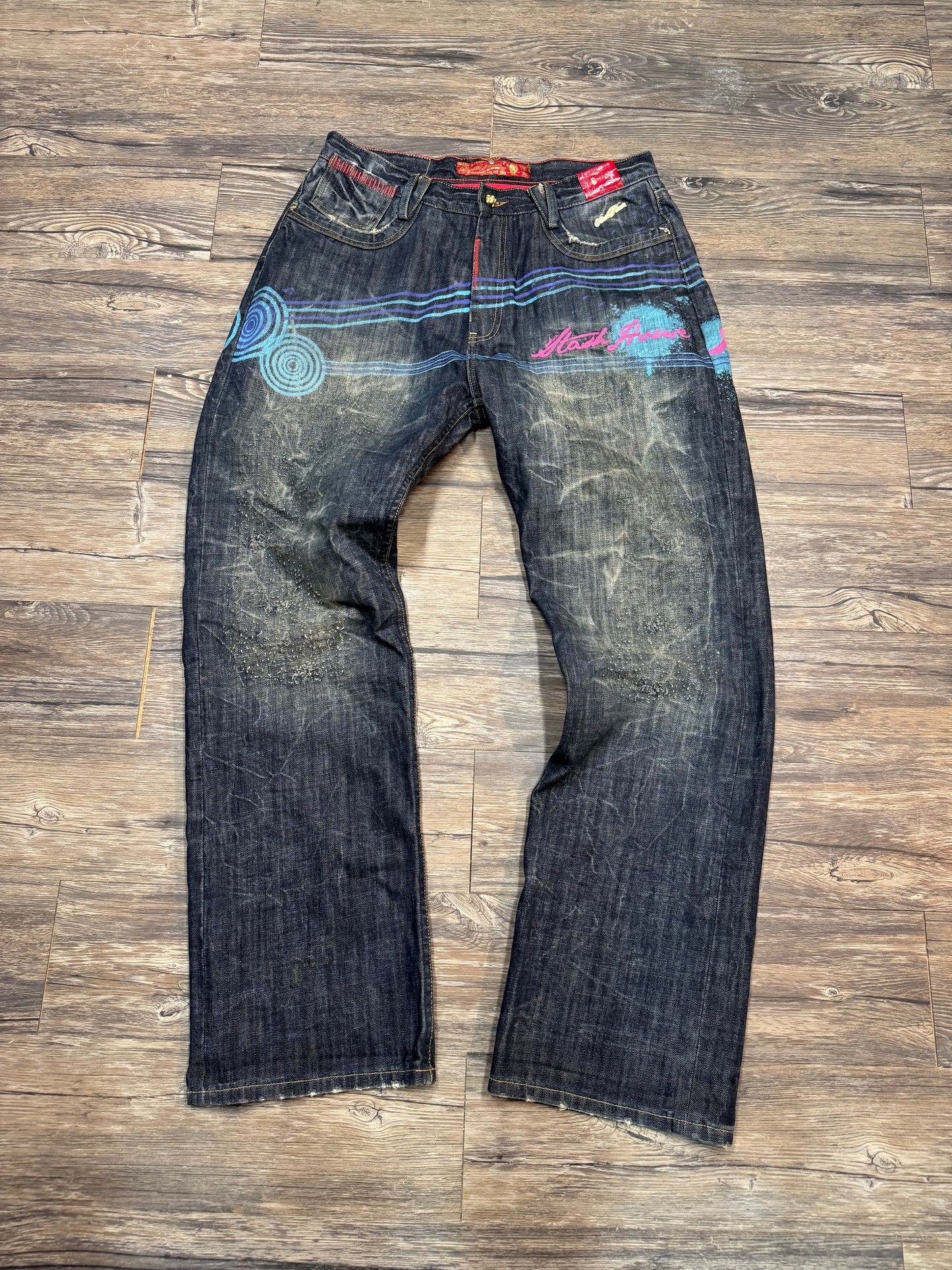 STASH HOUSE STRAIGHT LEG PAINTED JEANS (34)