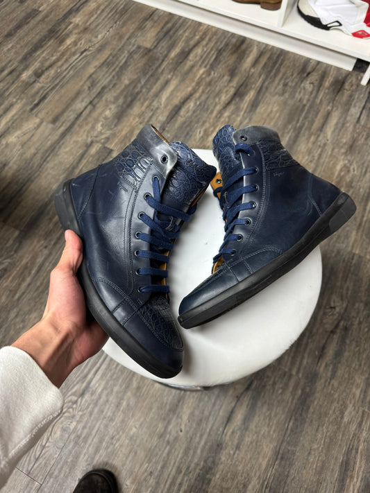 FERRAGAMO NAVY LEATHER HIGH TOP SNEAKERS (10.5)