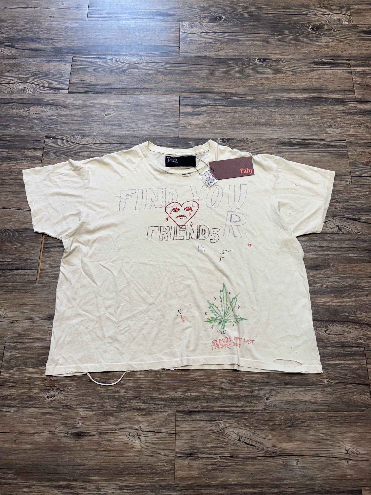 PALY HOLLYWOOD FIND YOUR FRIENDS DISTRESSED CREAM T-SHIRT (M)