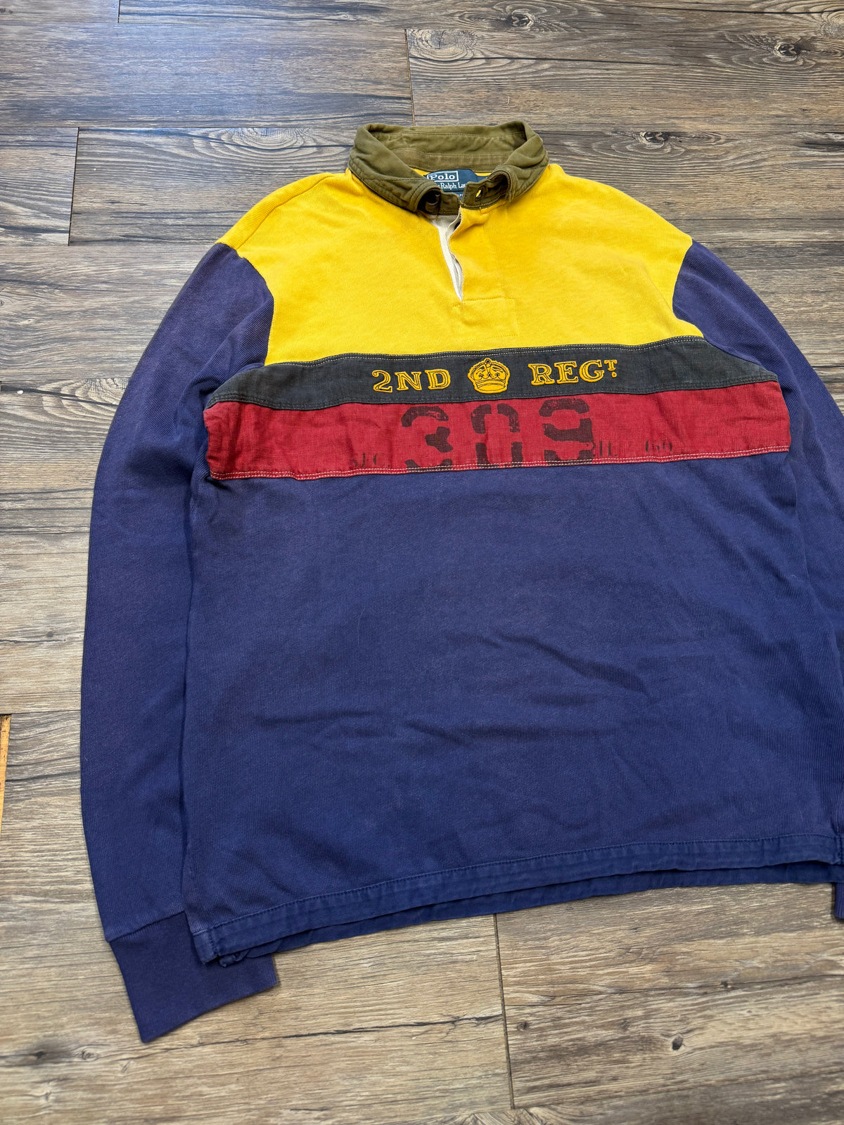 POLO RALPH LAUREN ‘2ND REGT’ COLOR BLOCKED RUGBY SHIRT (L)