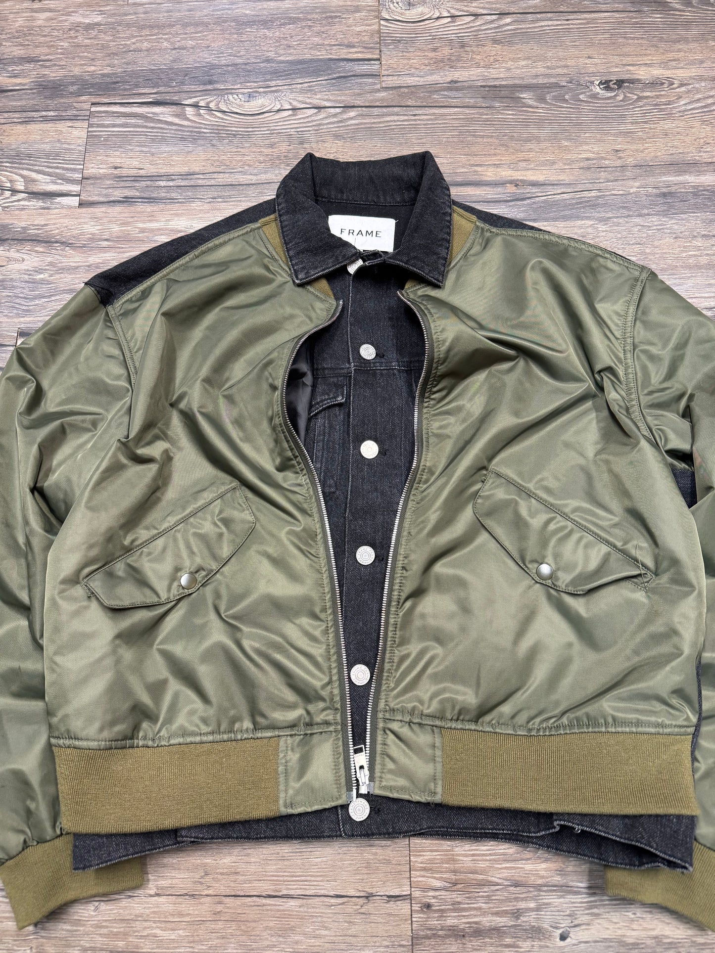 FRAME DOUBLE LAYERED DENIM/NYLON BOMBER JACKET (L)