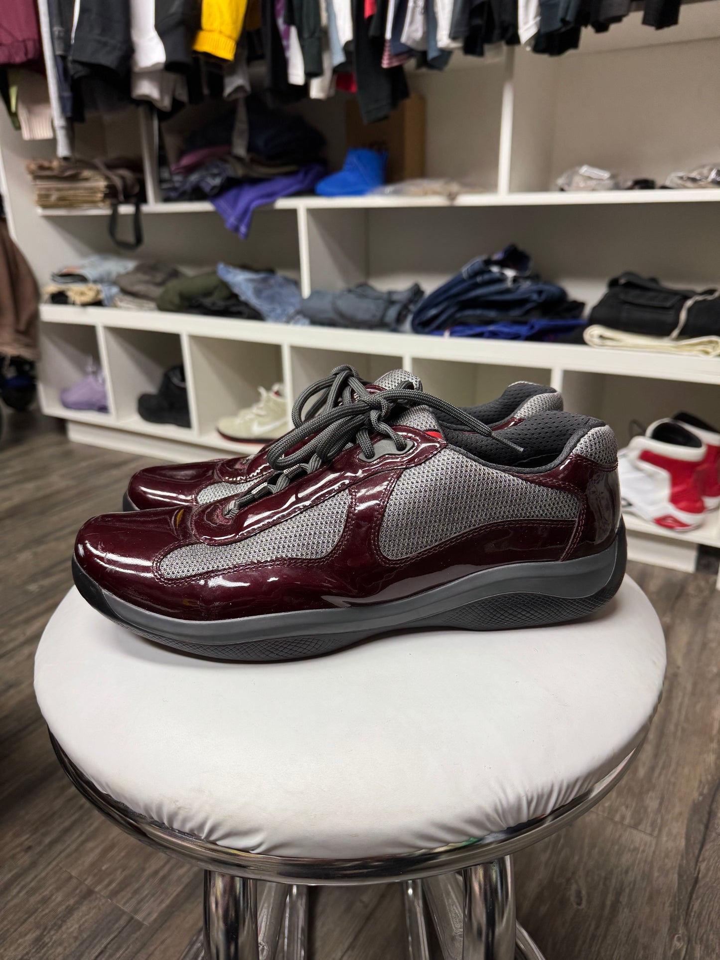 PRADA WINE RED PATENT LEATHER CUPS (10.5)