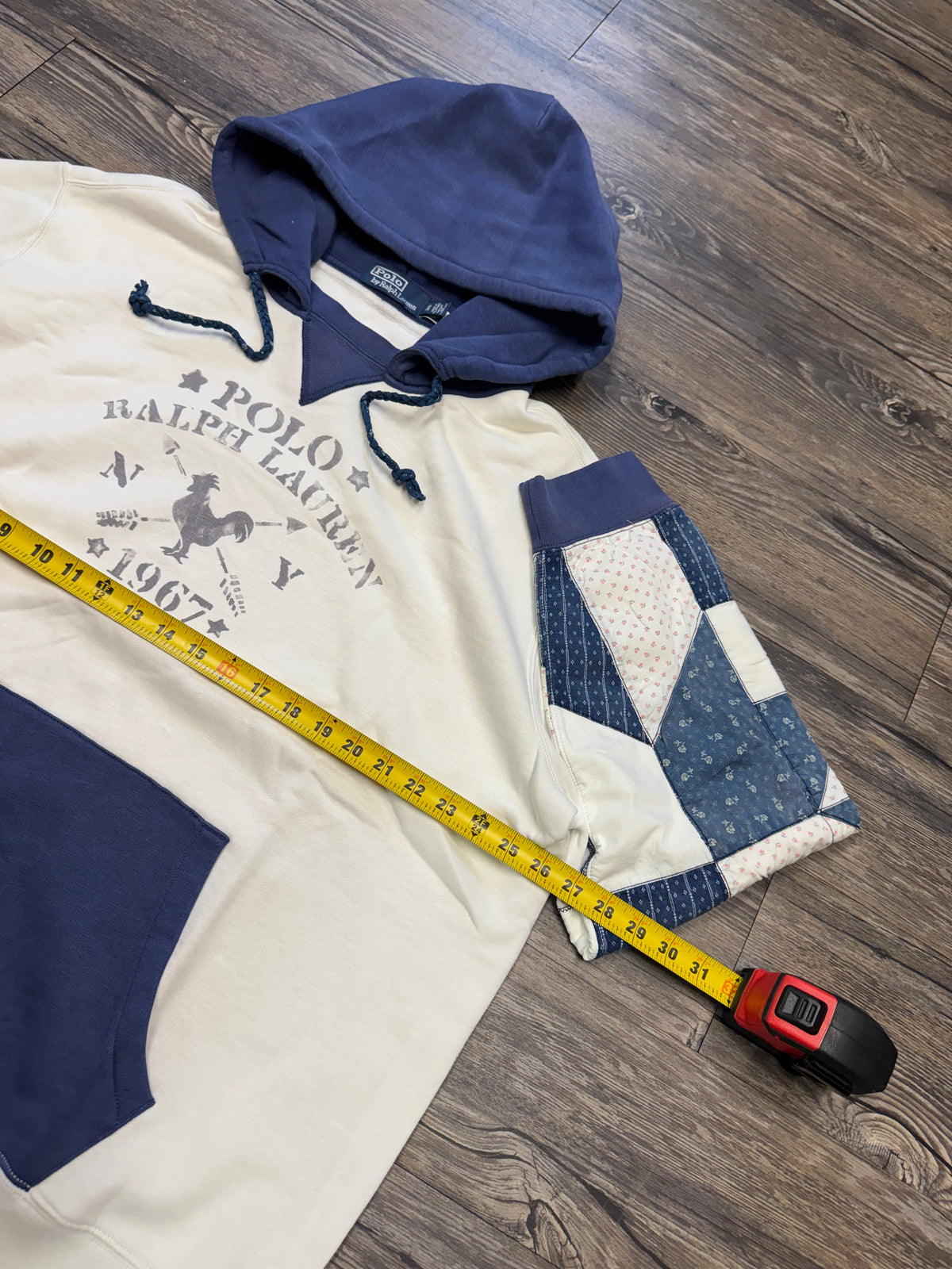 POLO RALPH LAUREN DISTRESSED PATCHWORK FLEECE HOODIE (XXL)