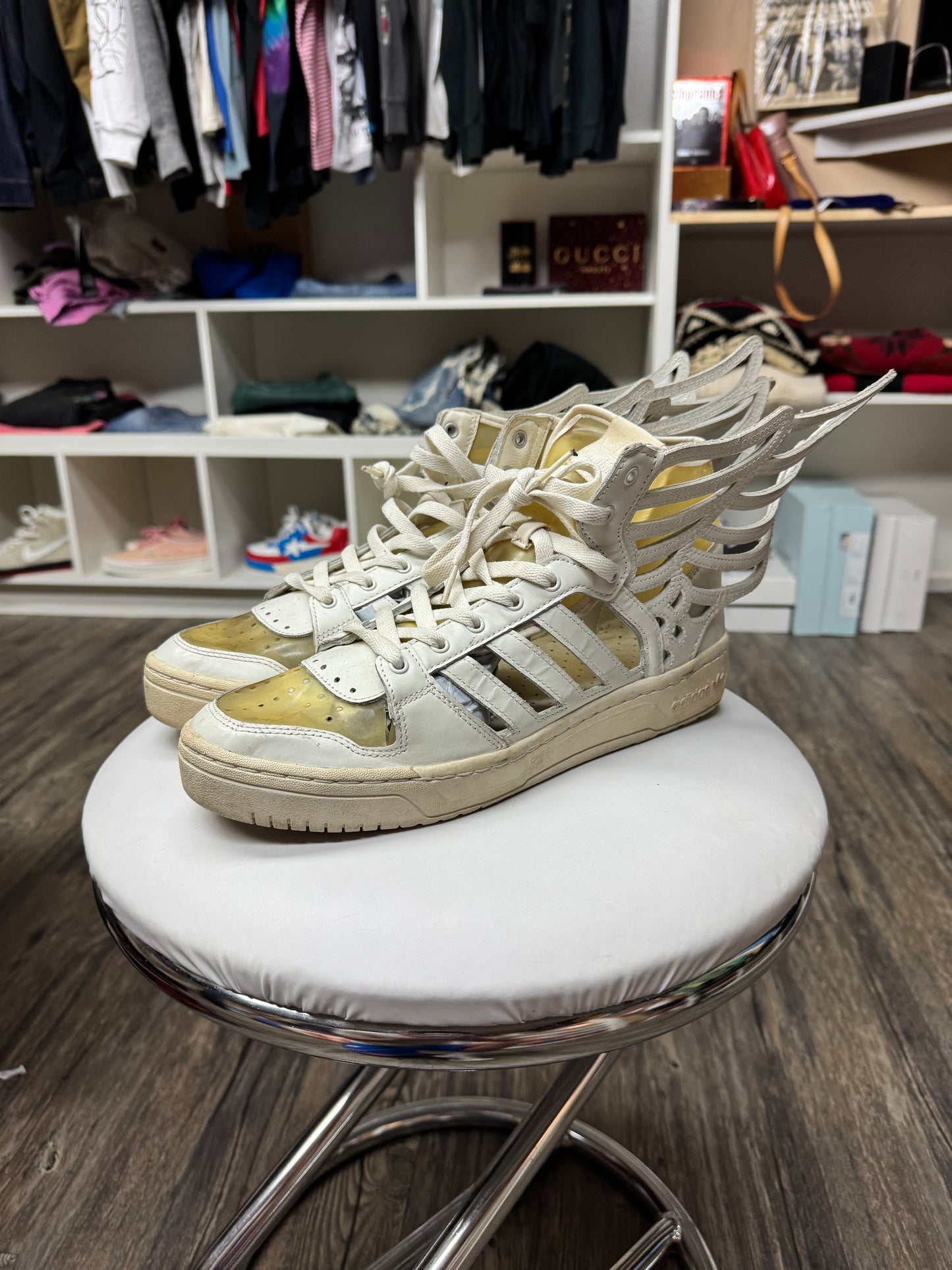 JEREMY SCOTT X ADIDAS CUT OUT HI-TOP SNEAKERS (10.5)
