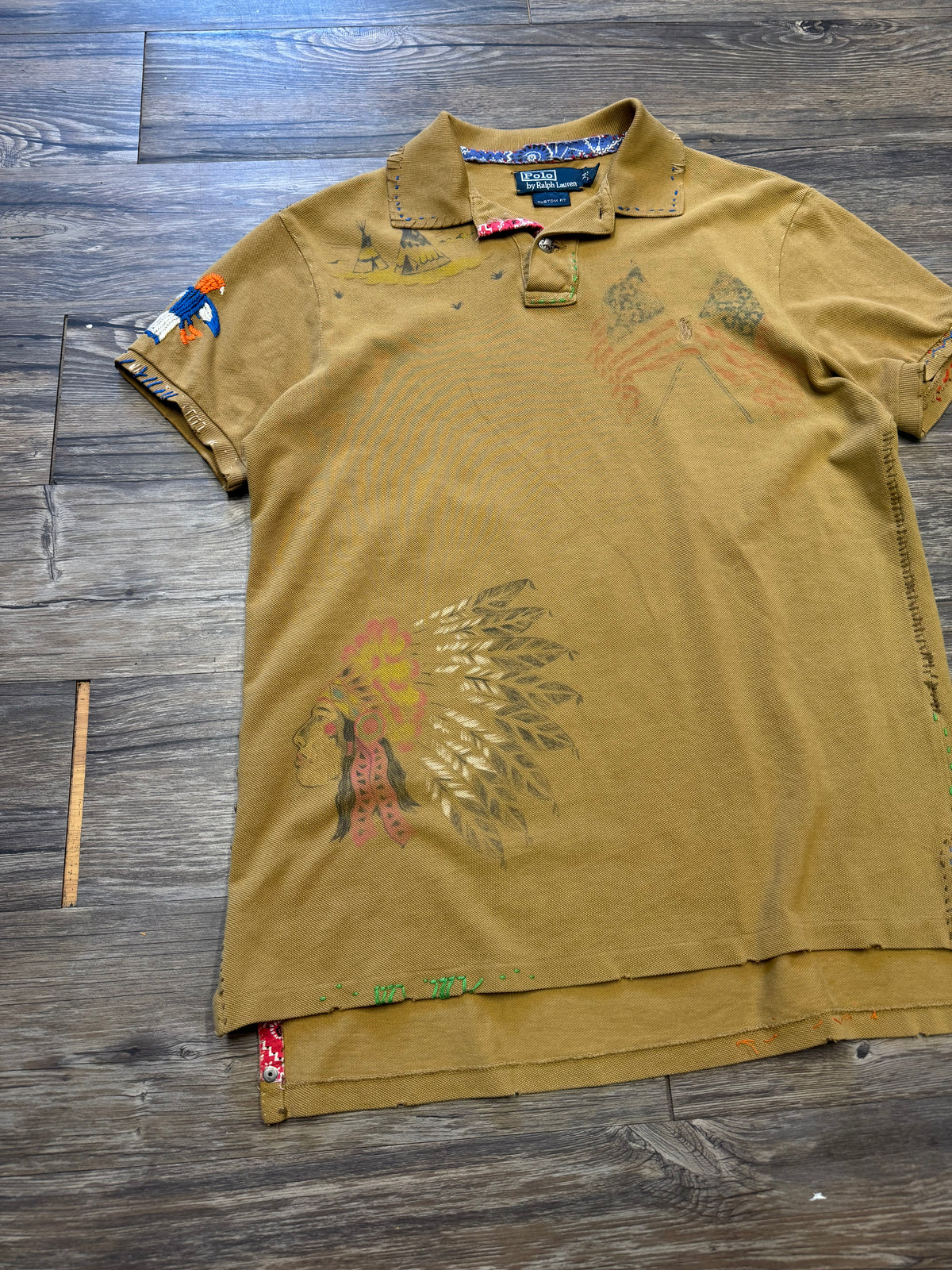 POLO RALPH LAUREN NATIVE AMERICAN SASHIKO STITCH STENCIL POLO SHIRT (M)
