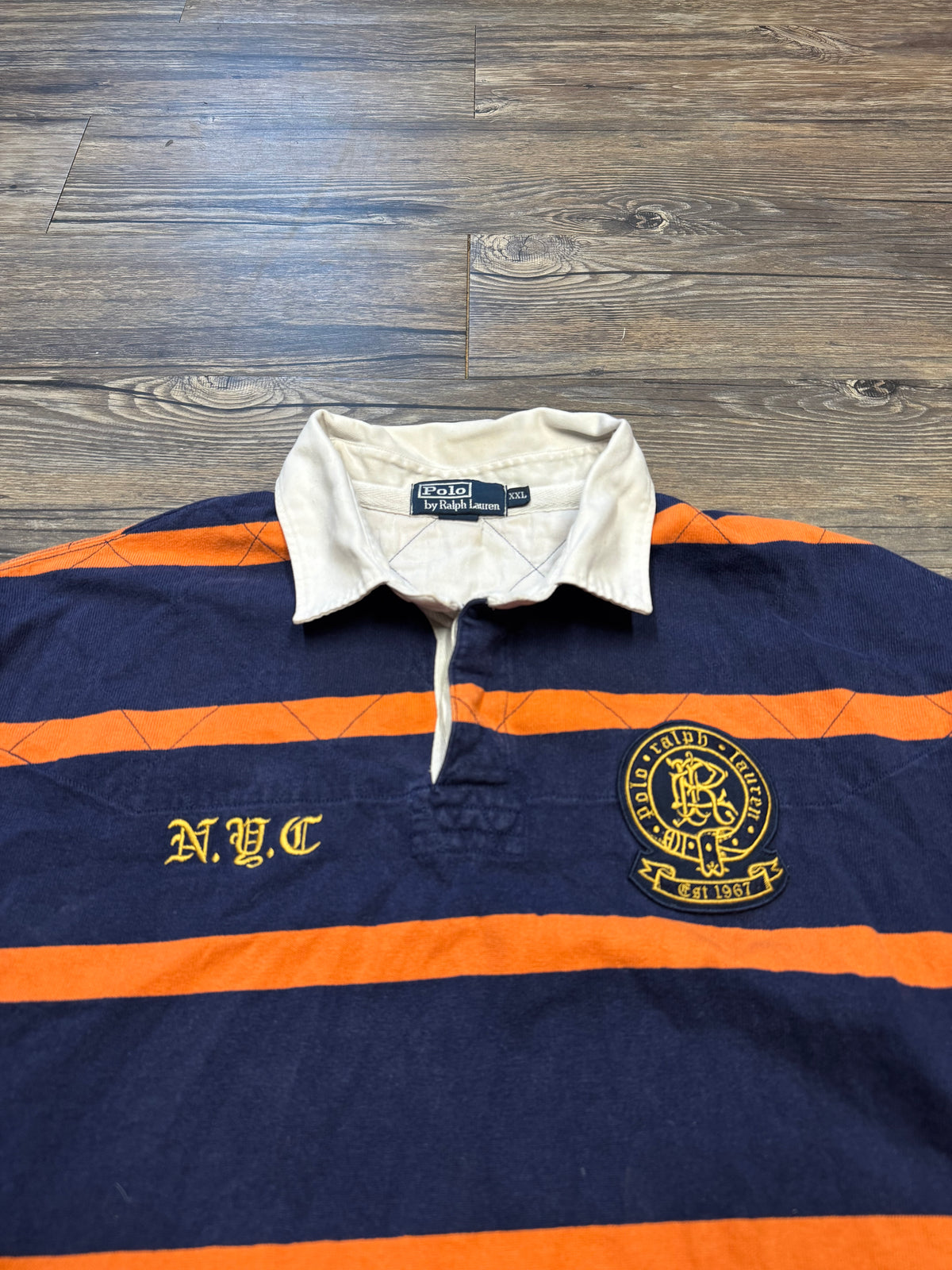 POLO RALPH LAUREN STRIPED NYC SCRIPT RUGBY SHIRT (XXL)