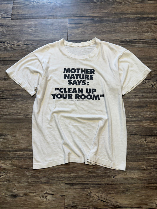 80s ‘MOTHER NATURE CLEAN UP YOUR ROOM’ TATTERED T-SHIRT (M)