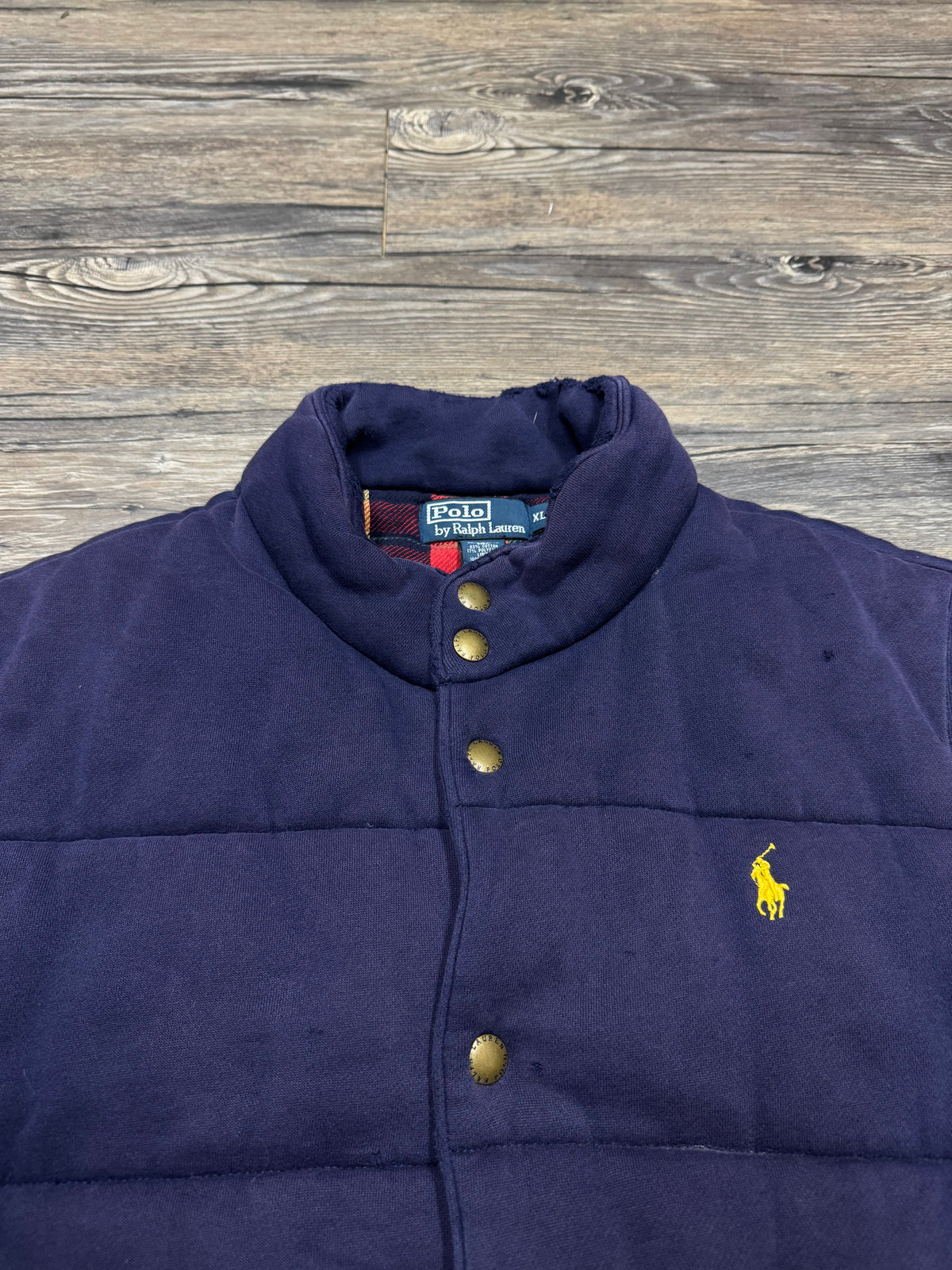 POLO RALPH LAUREN PLAID LINED FADED & DISTRESSED PUFFER VEST (XL)